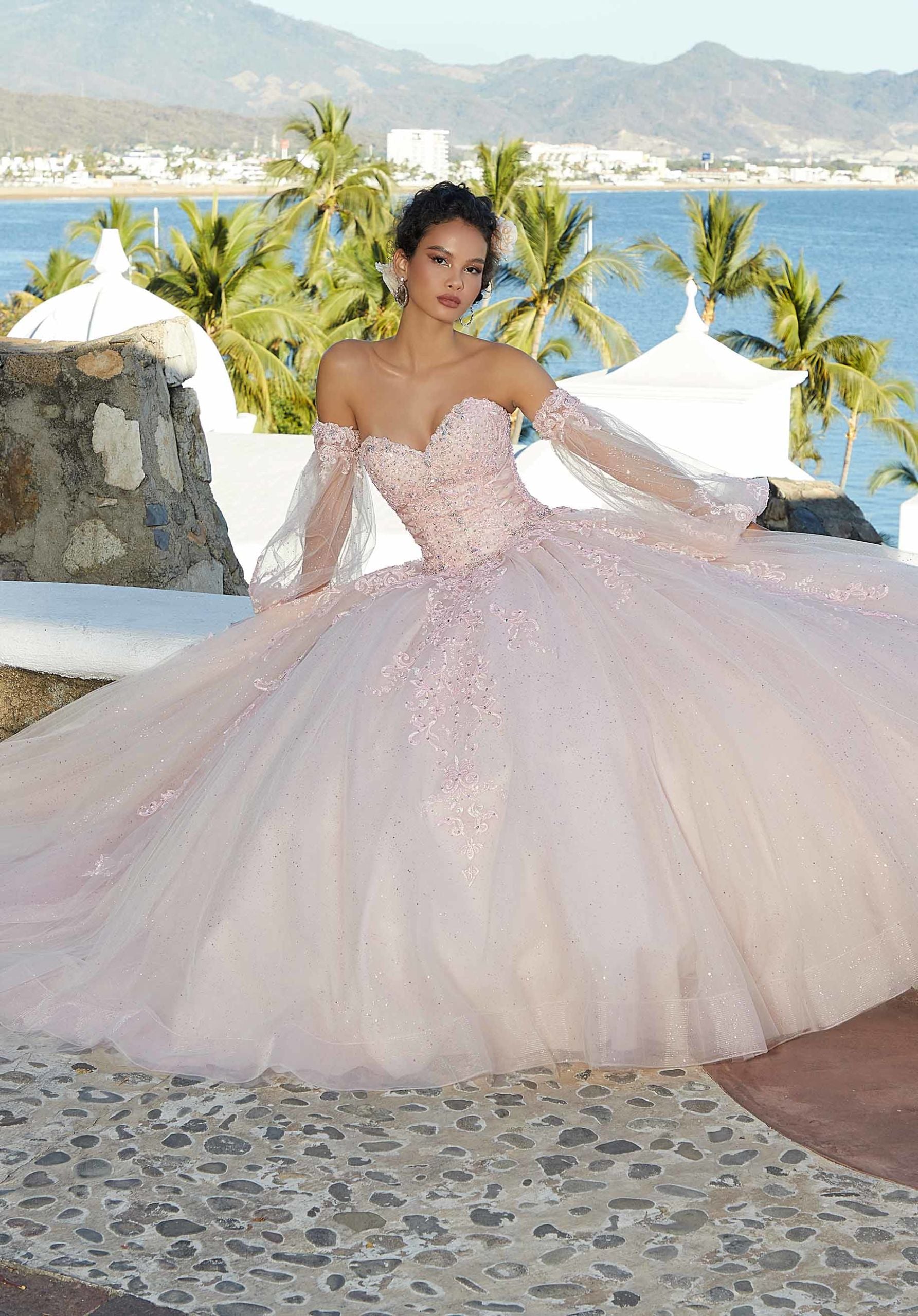 Rhinestone Beaded Lace Quinceañera Dress with Corset Bodice