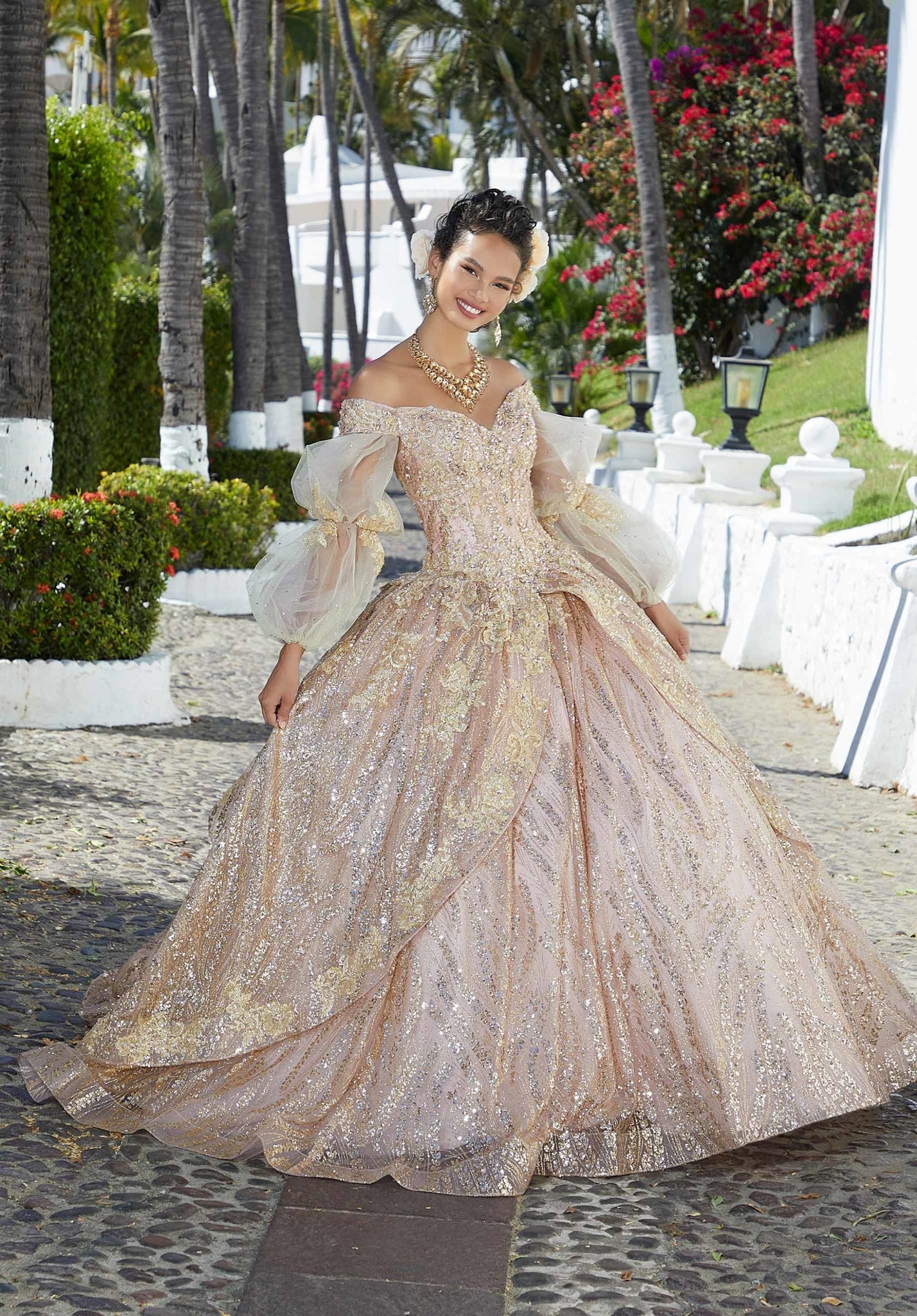 Crystal Beaded Metallic Lace Quinceañera Dress