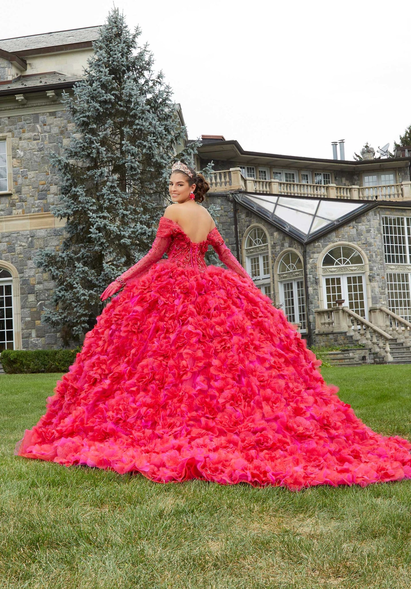 Three-Dimensional Floral Lace Quinceañera Dress with Floral Skirt