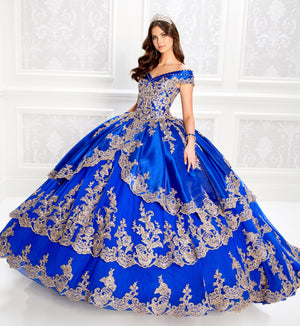 Traditional satin quinceanera dress with off the shoulder neckline