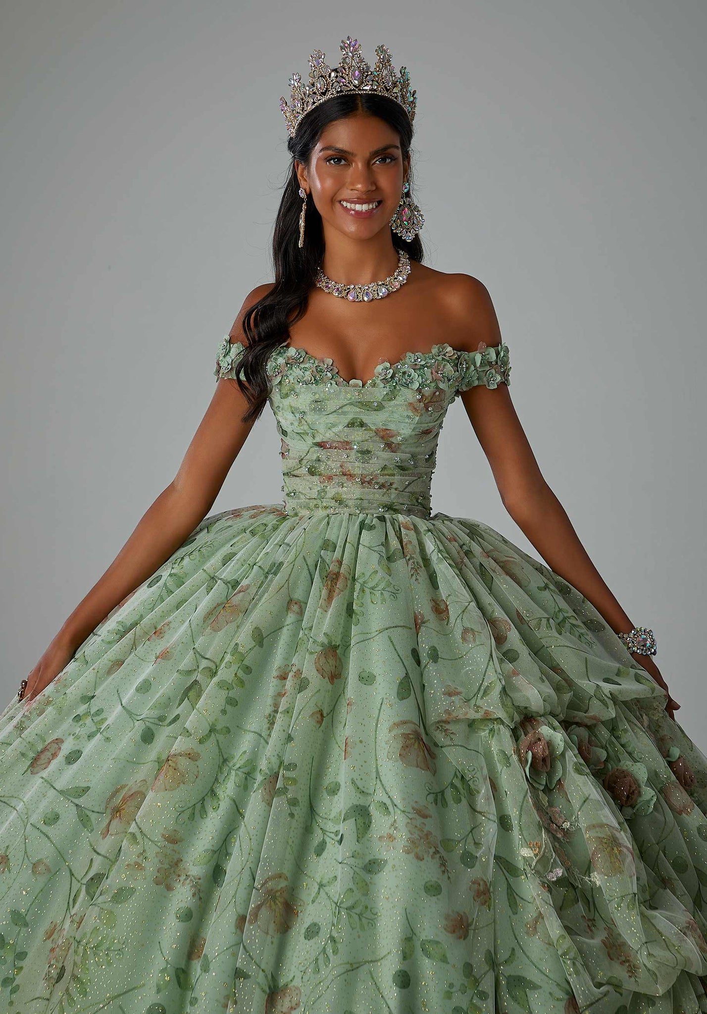 Floral Printed Quinceañera Dress with Three-Dimensional Flowers