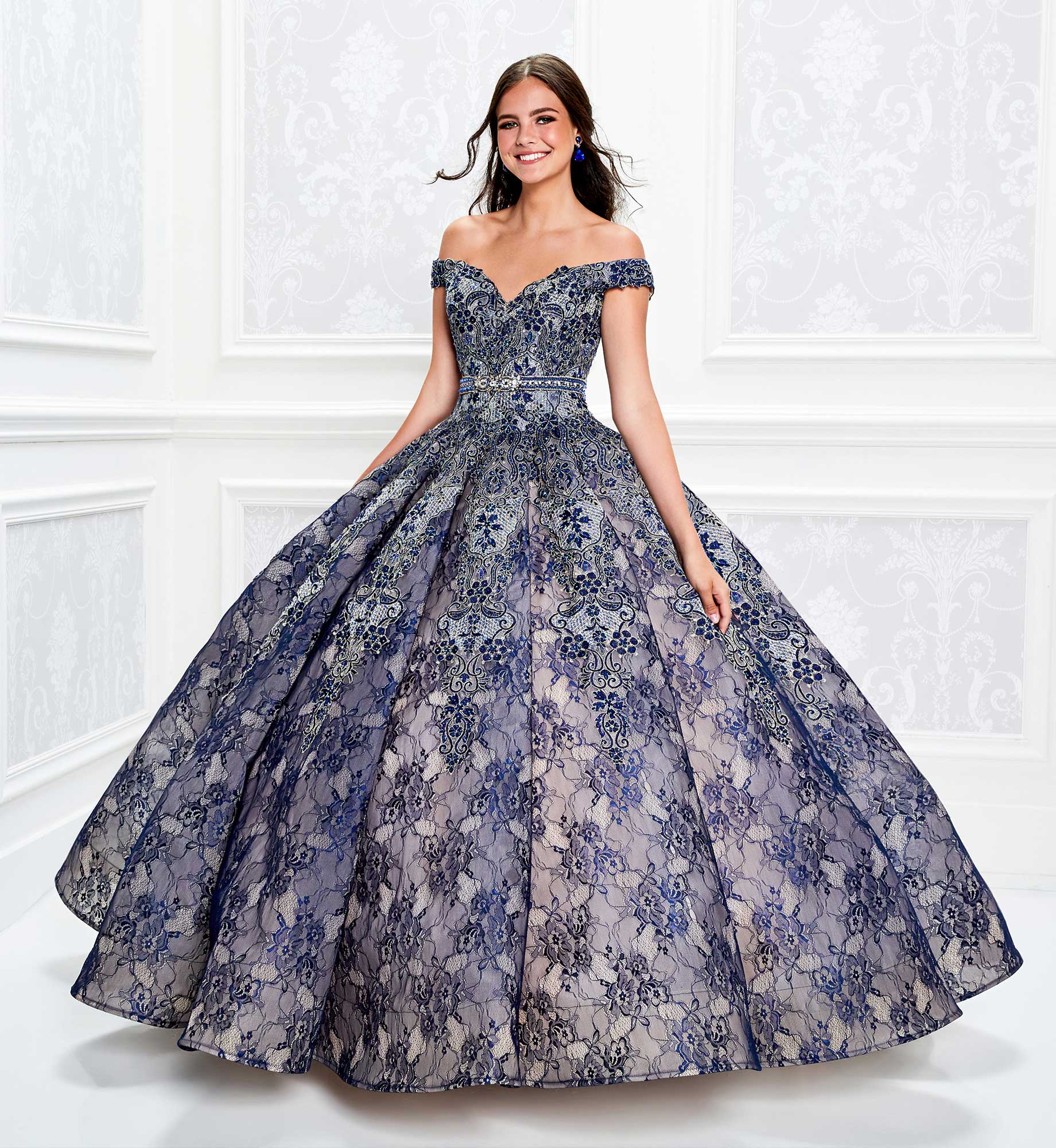 Striking quinceanera dress with off the shoulder bodice and beaded lace
