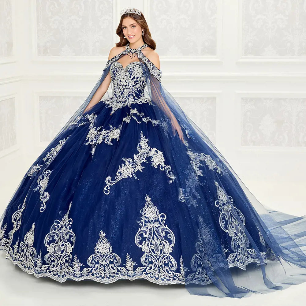 Princesa Quinceanera Dress with Embroidered Lace and Stone Accents and Matching Cape