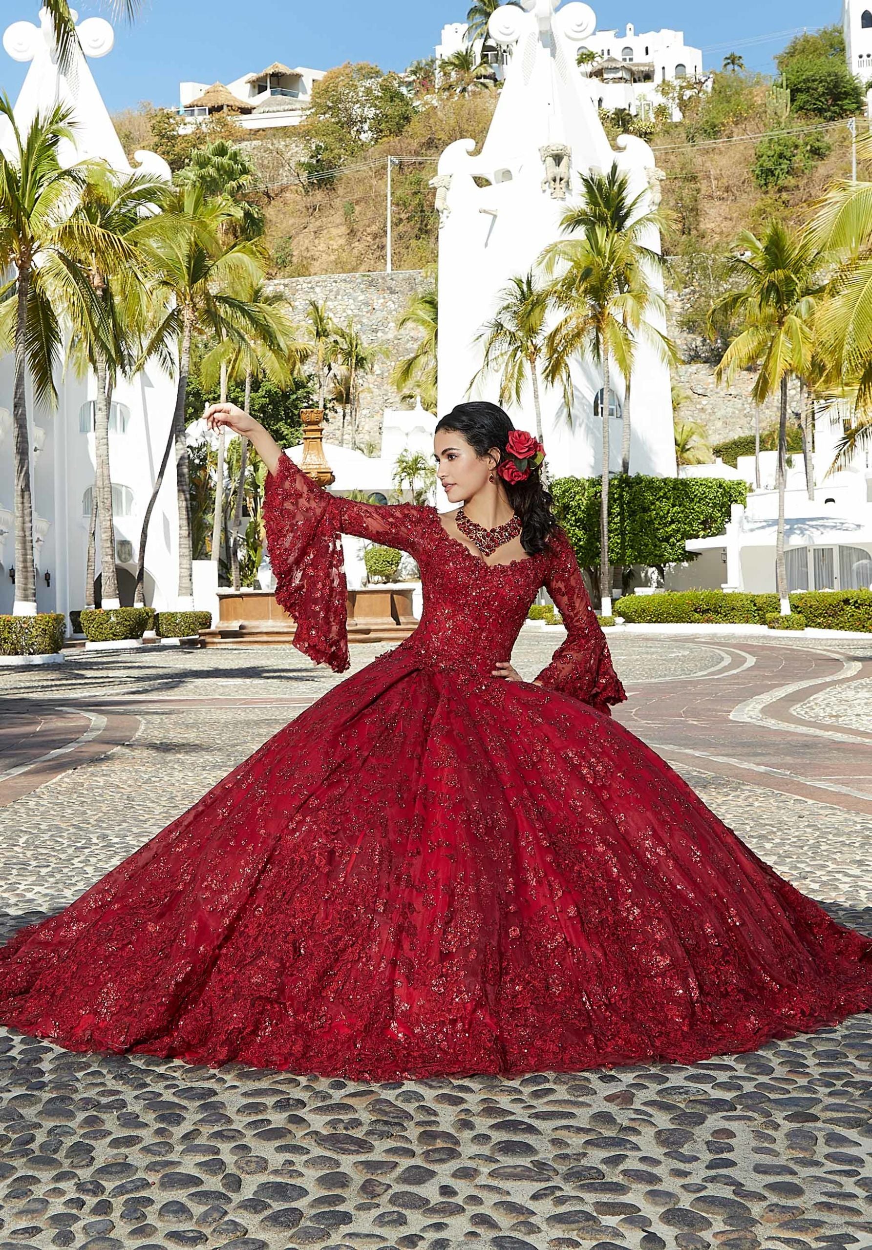 Floral Patterned Sequin Glitter Tulle Quinceañera Dress