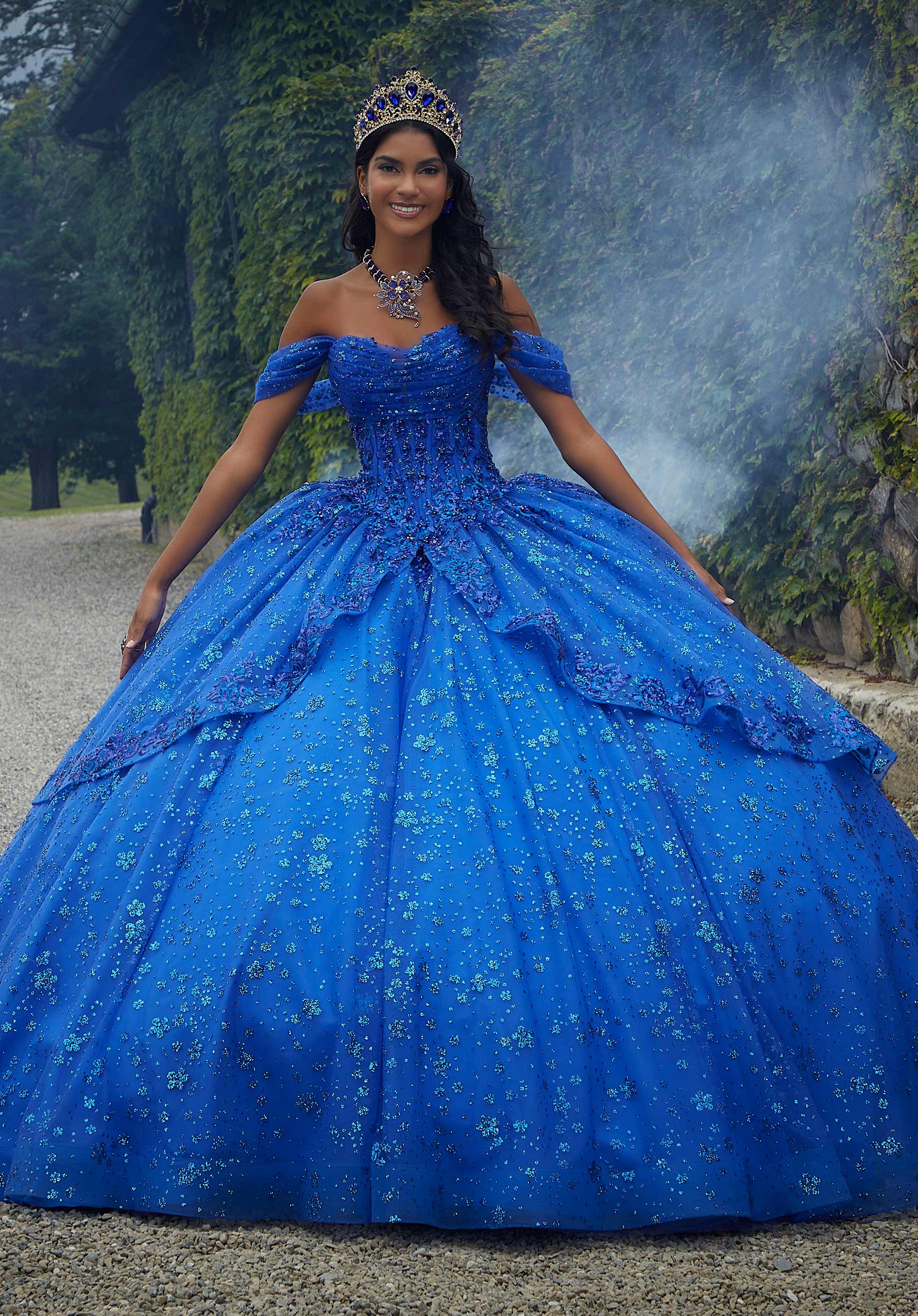 Contrasting Floral Beading Quinceañera Dress with Rhinestone Trim