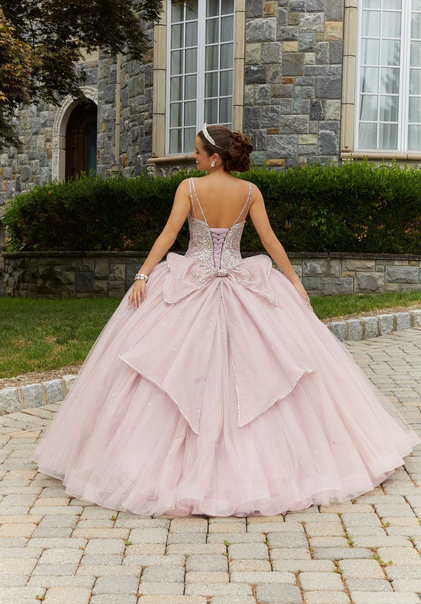 Rhinestone and Crystal Beaded Quinceañera Dress with Bow