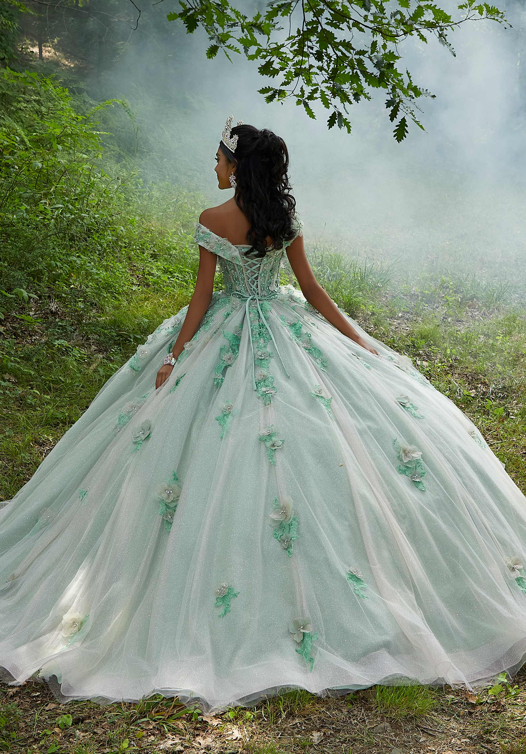 Rhinestone and Three-dimensional Floral Embroidered Quinceañera Dress