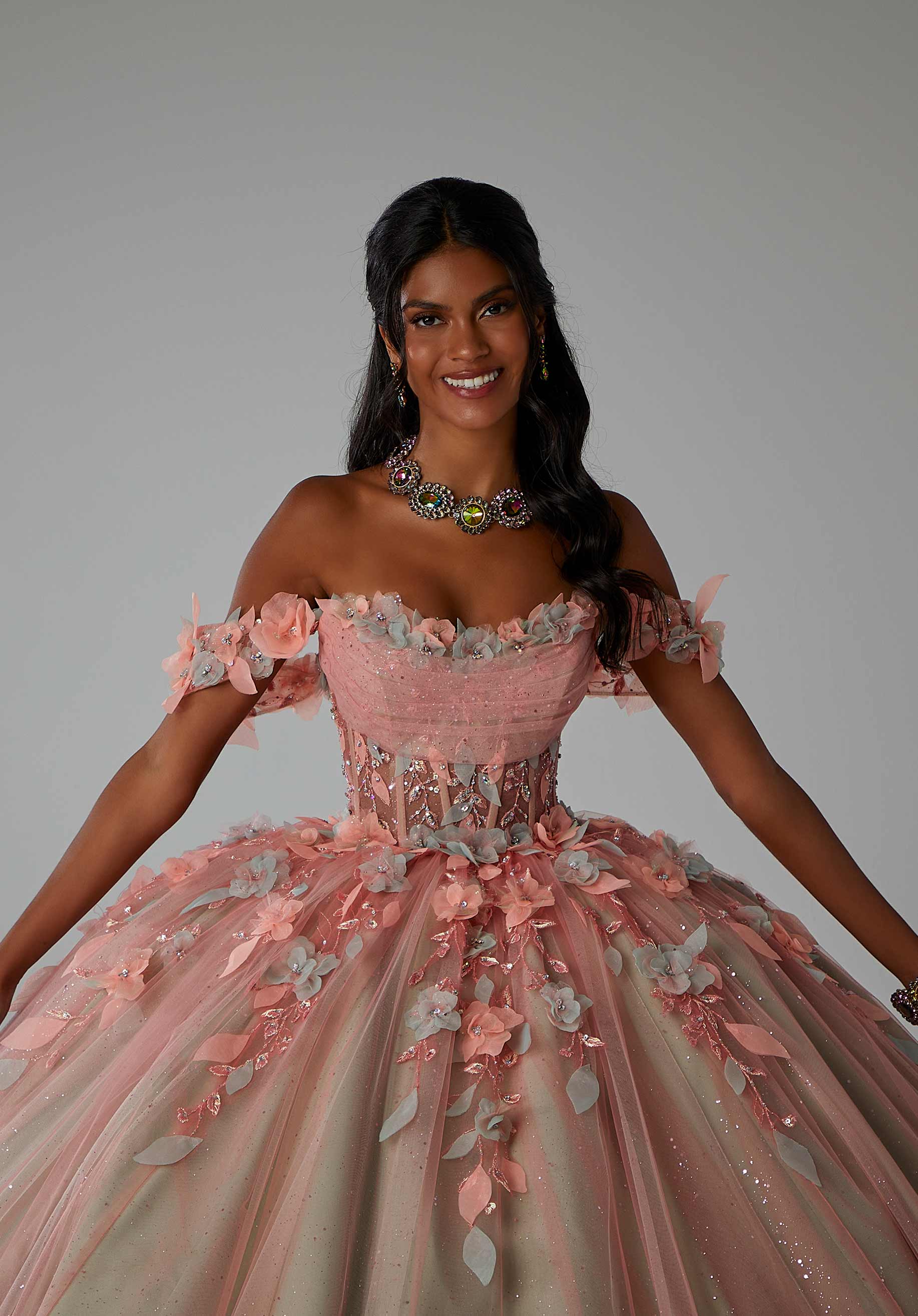 Sheer Bodice Quinceañera Dress with Three-Dimensional Floral Embroidery