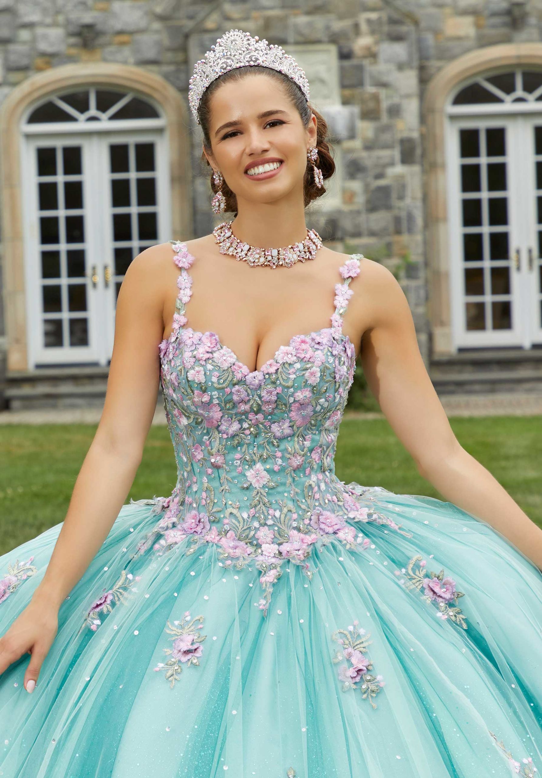 Crystal Beaded Contrasting Floral Embroidered Quinceañera Dress