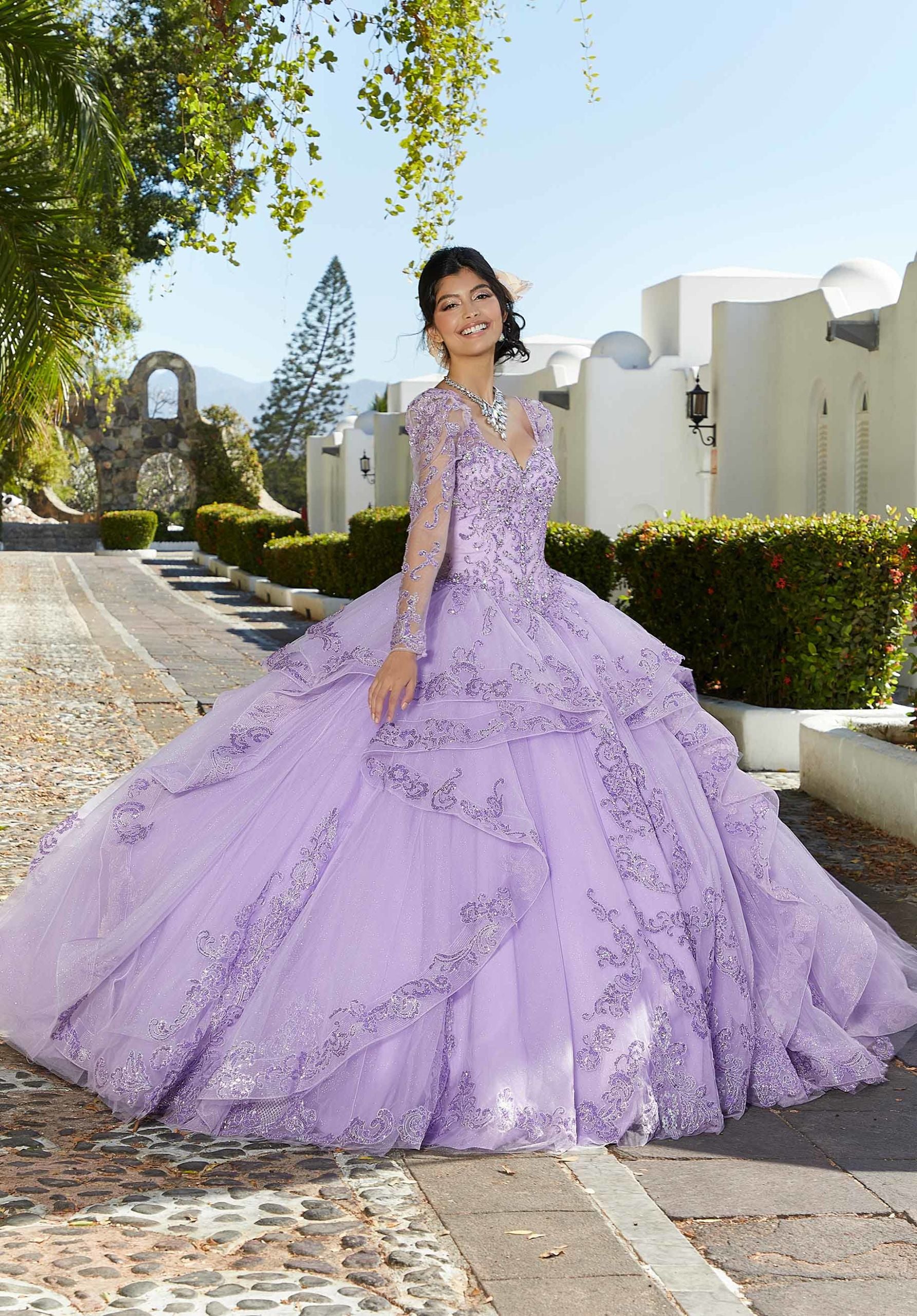 Flounced Glitter Embroidered Quinceañera Dress