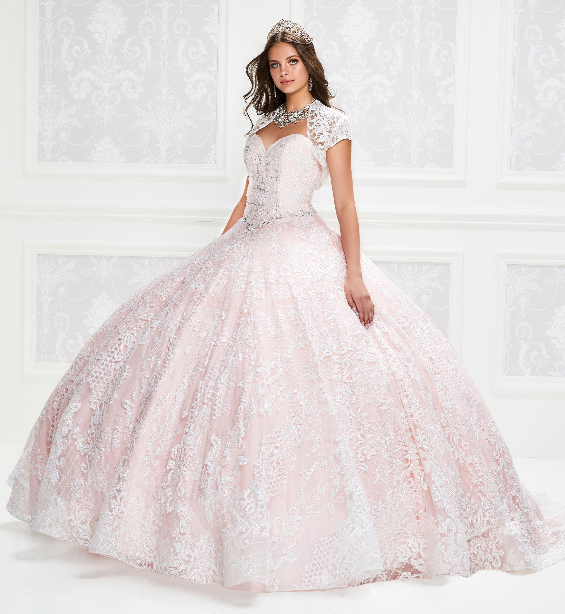 Pastel quinceanera dress with cracked ice details and pockets