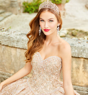 Sparkling strapless quinceanera dress with embroidered lace
