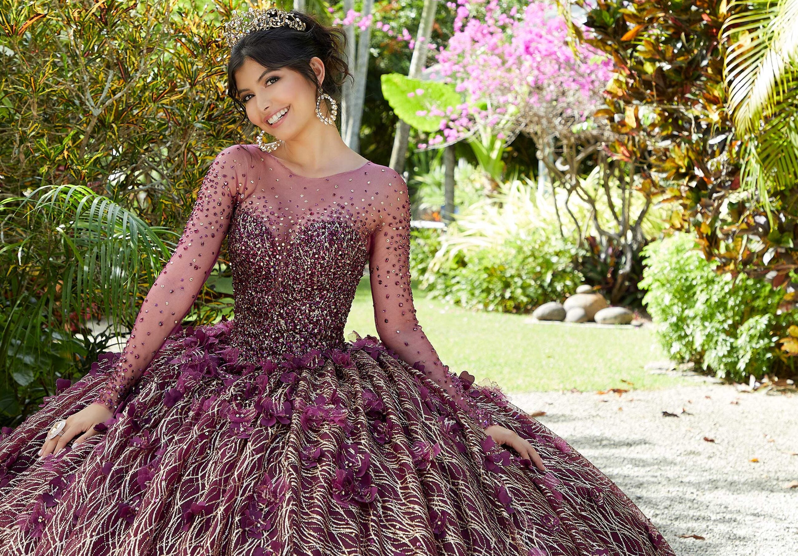 Glitter Net and Floral Applique Quinceañera Dress