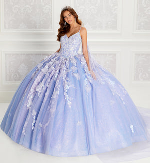 Shimmering tulle quinceanera dress with floral applique and detachable cape