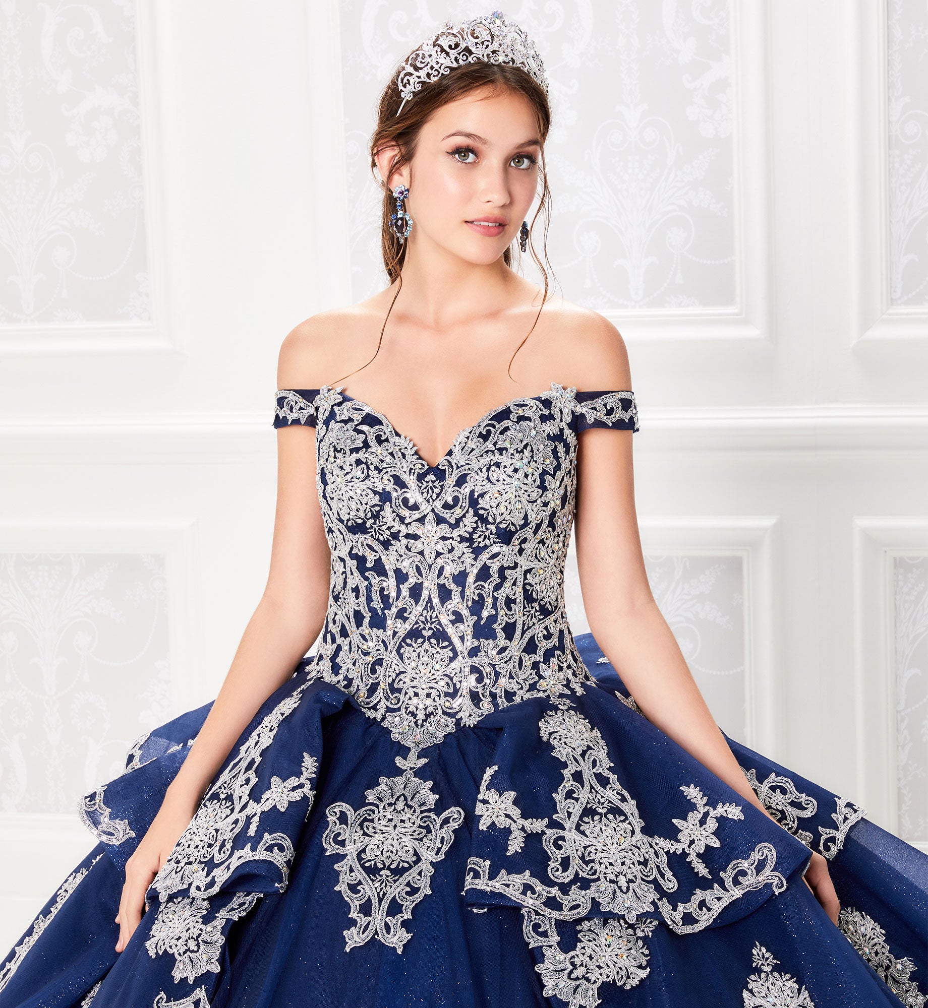 Off the shoulder quinceanera dress with cascading ruffle skirt