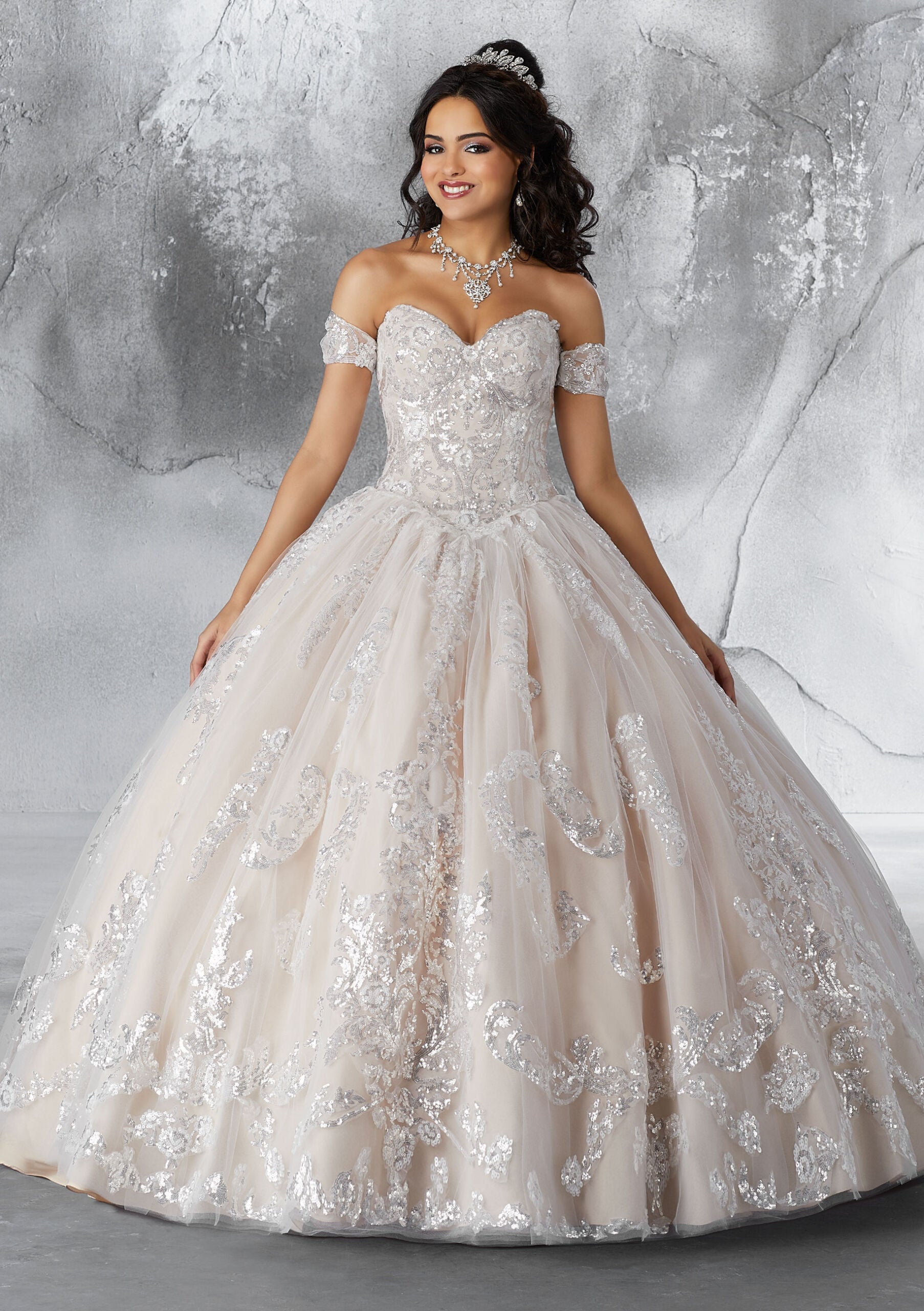 Patterned Sequins on a Tulle Ballgown with Detachable Sleeves