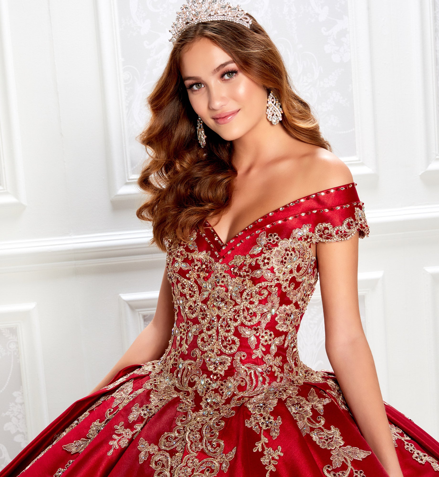 Traditional satin quinceanera dress with off the shoulder neckline