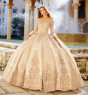 Gold quinceanera dress with 3/4-length sleeves