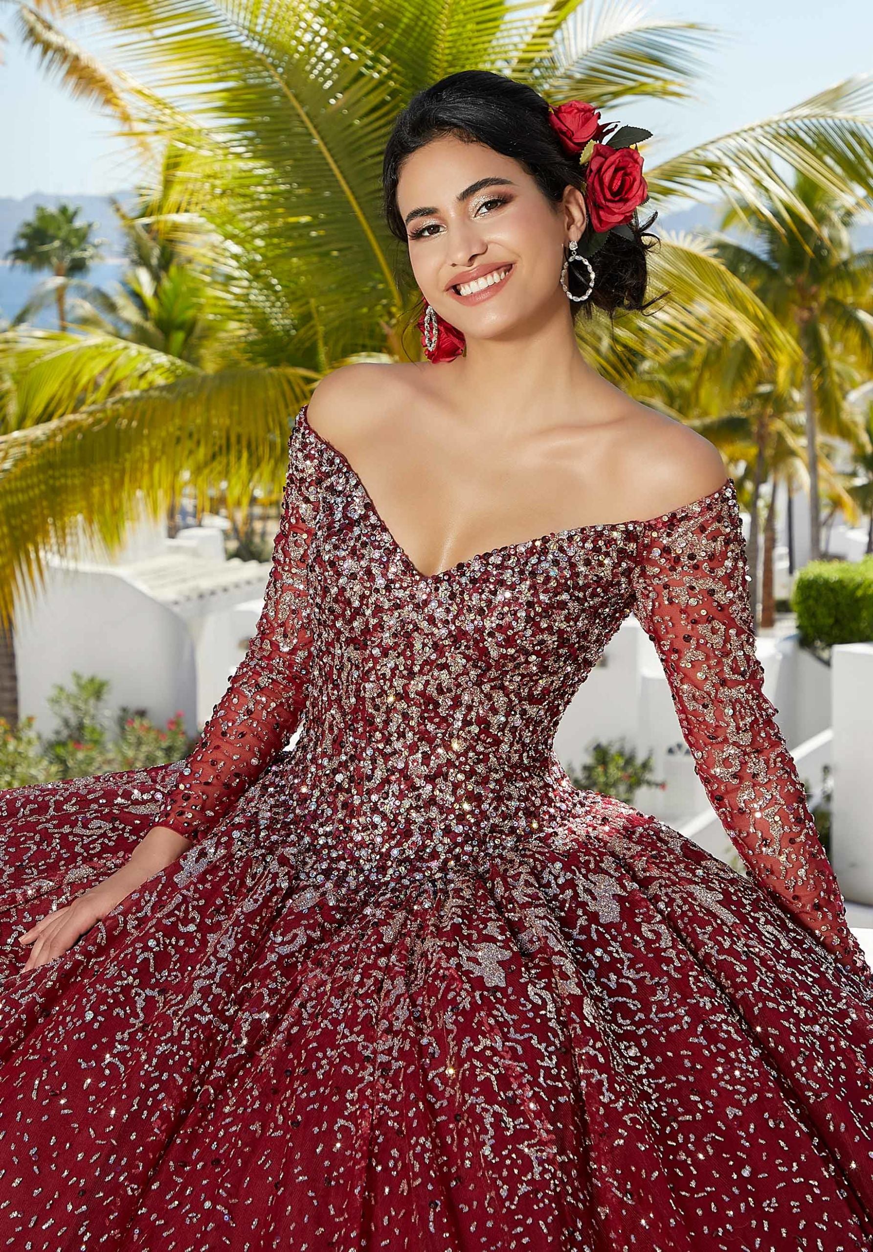 Patterned Glitter Net Quinceñera Dress