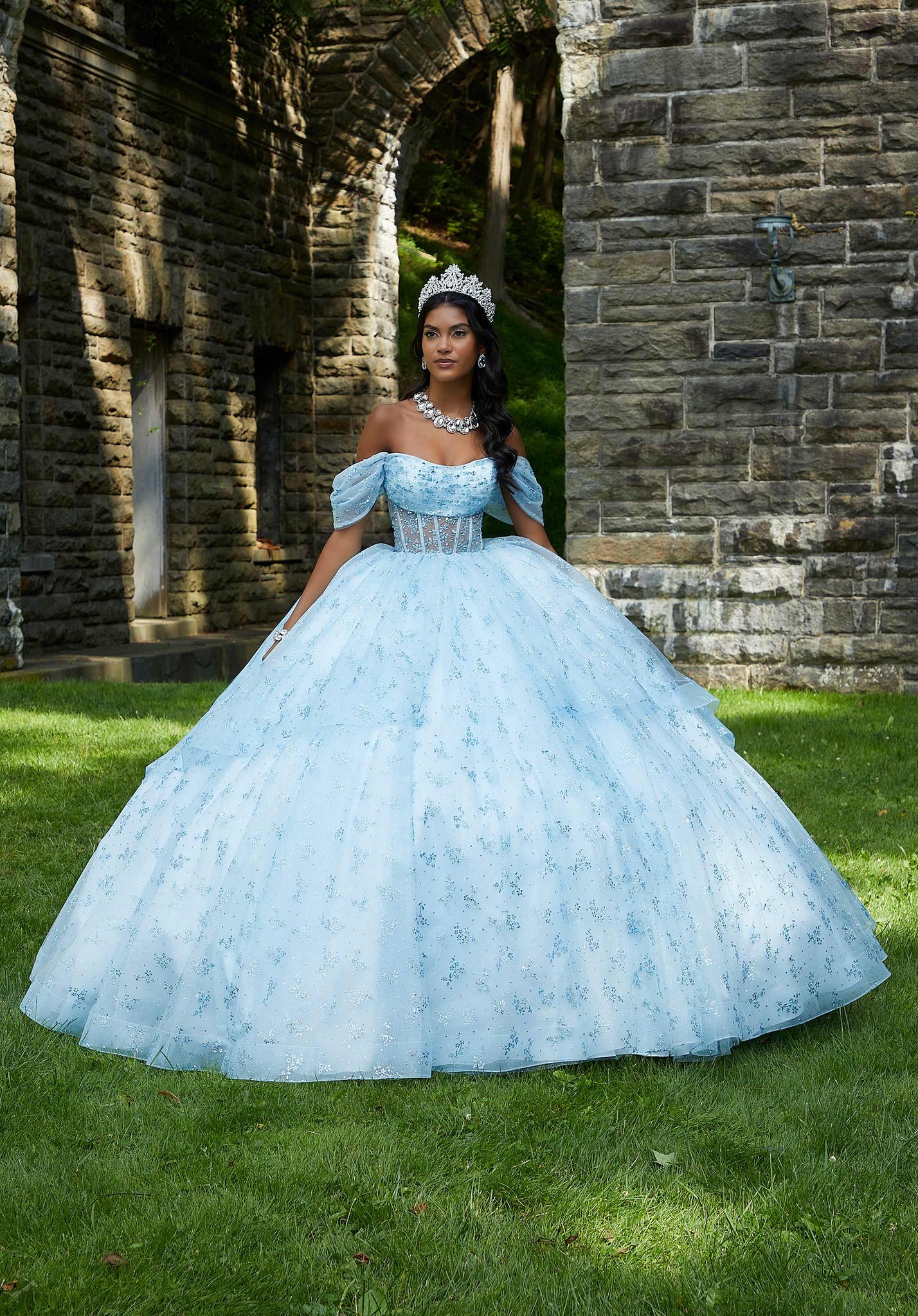Patterned Glitter and Crystal Beaded Quinceañera Dress with Sheer Bodice