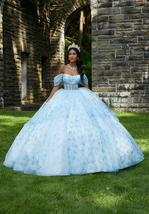 Patterned Glitter and Crystal Beaded Quinceañera Dress with Sheer Bodice