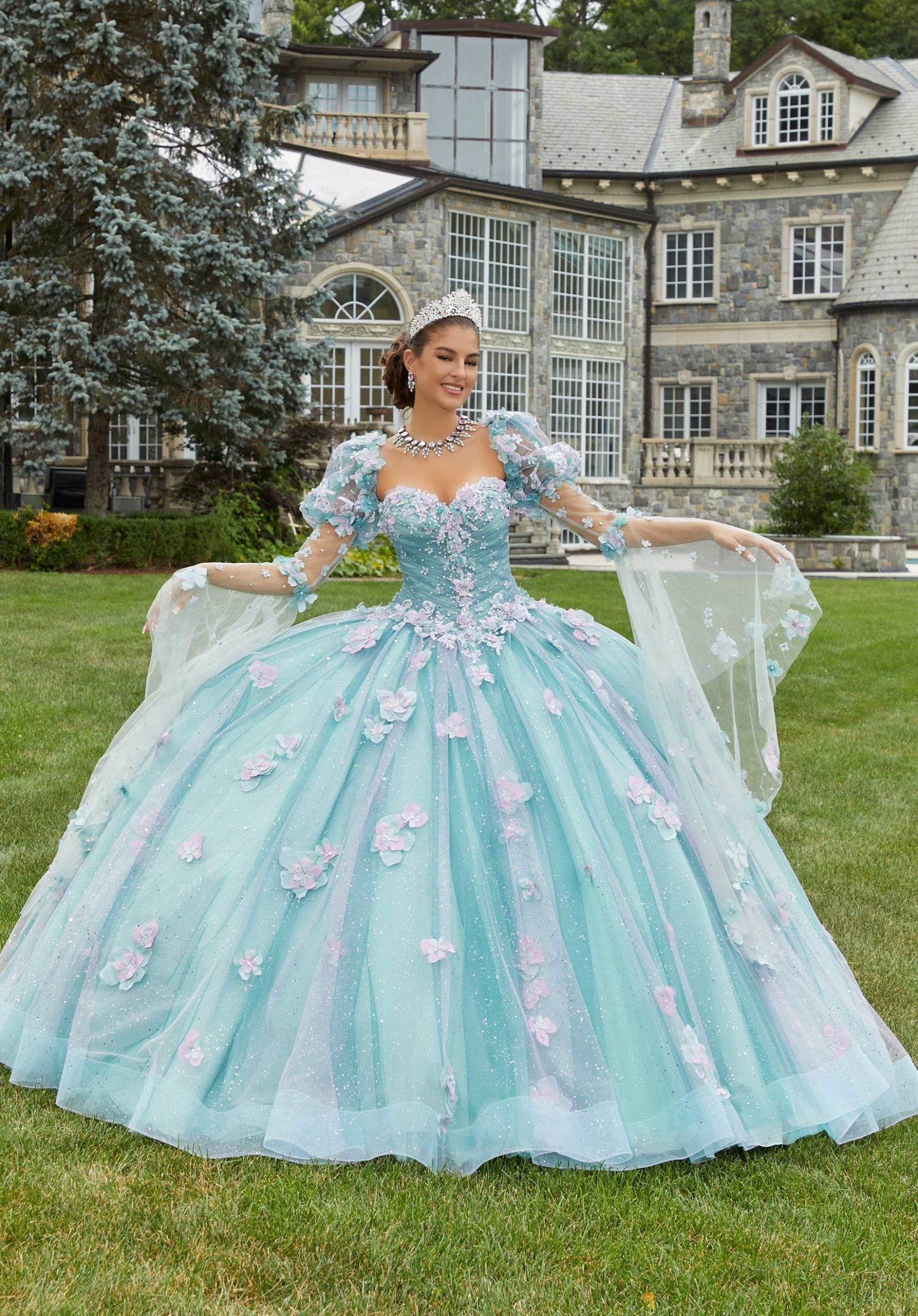 Glitter Tulle Quinceañera Dress with Three-Dimensional Floral Appliqués