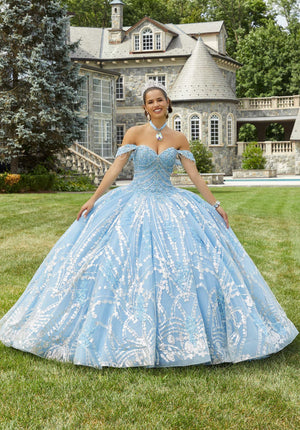 Patterned Glitter Quinceañera Dress with Chandelier Beading
