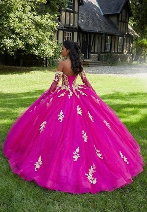 Crystal Beaded Three-Dimensional Embroidered Sparkle Tulle Quinceañera Dress