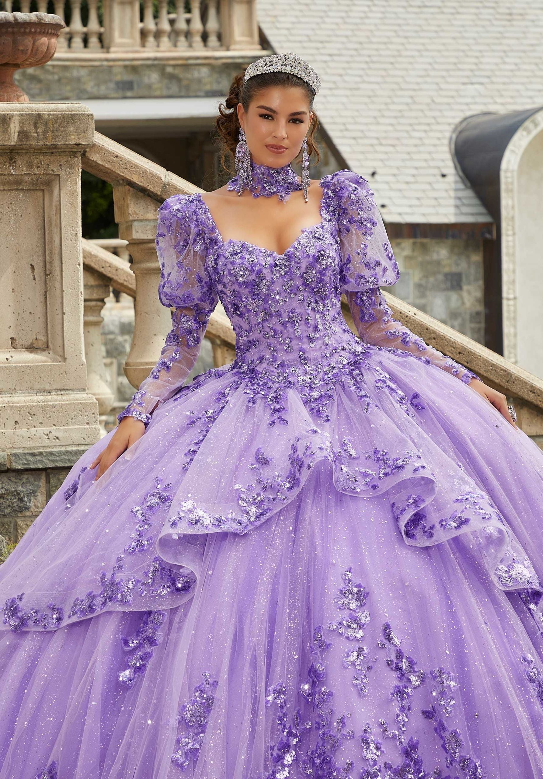 Sparkle Tulle Quinceañera Dress with Long Pouf Sleeves