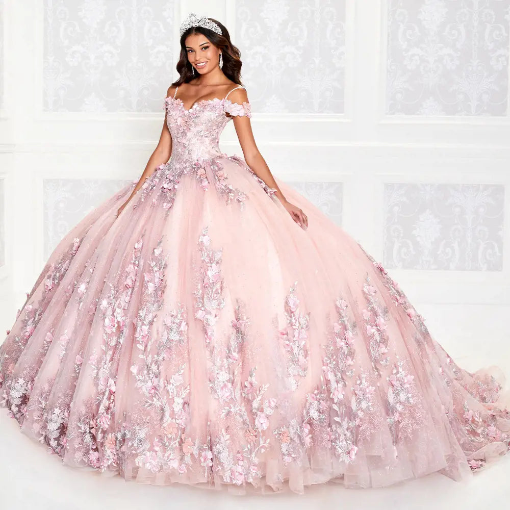 Off-the-shoulder Princesa Dress With Three-dimensional Flowers