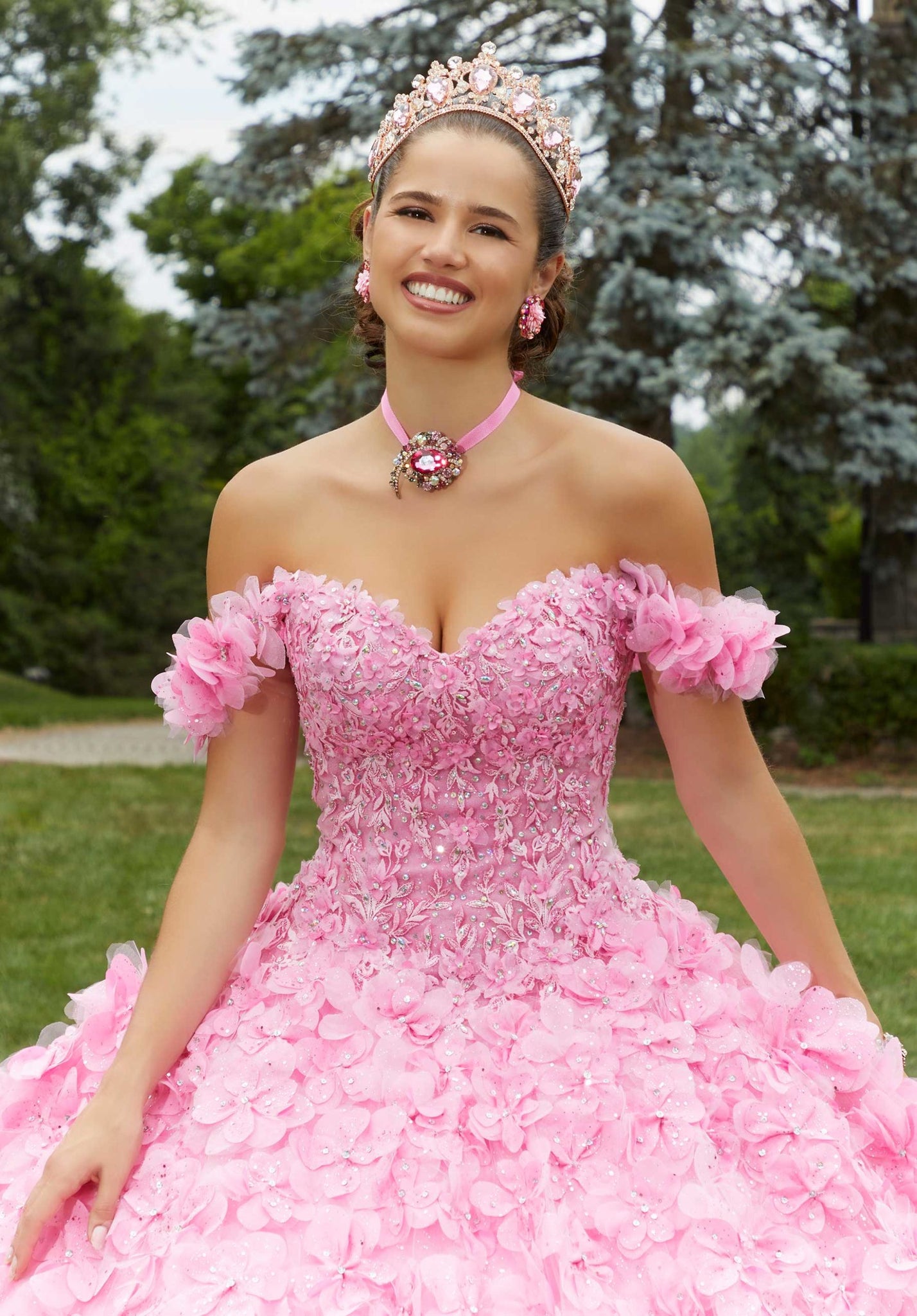 Crystal Beaded Lace Quinceañera Dress with Floral Skirt