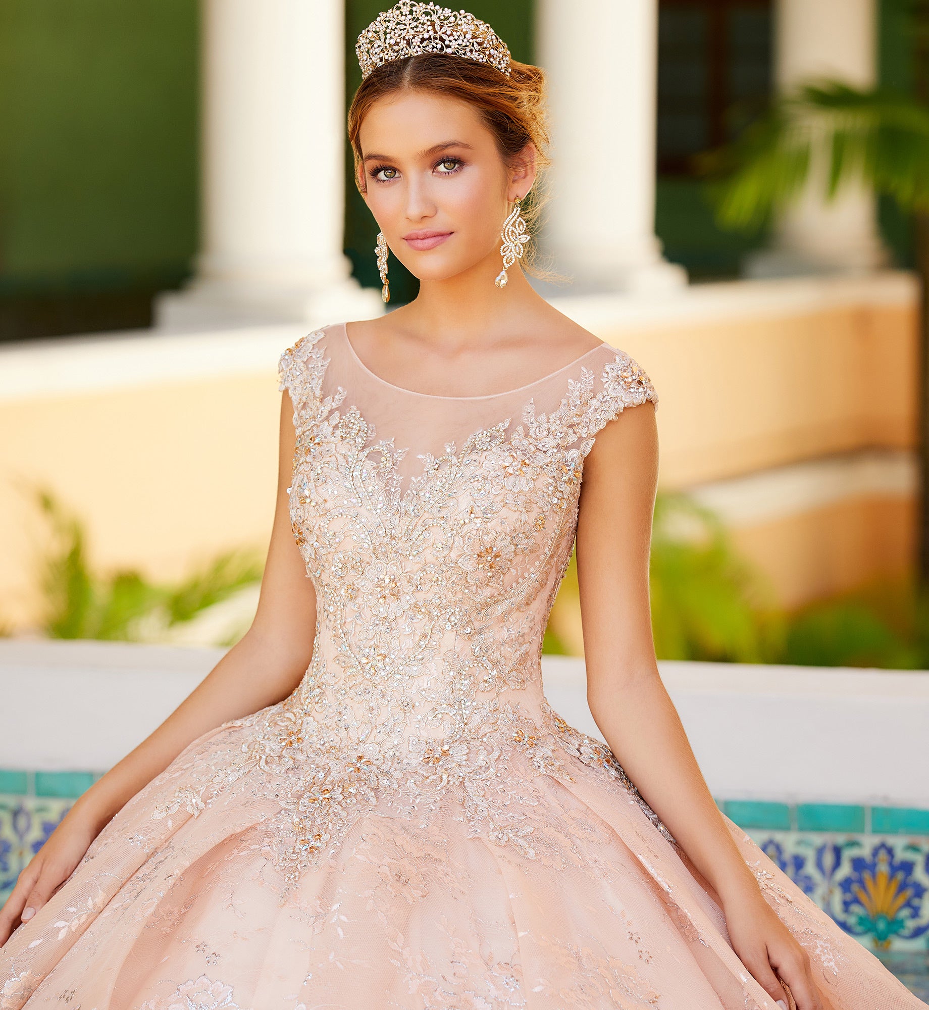 Classic quinceanera dress with high neckline and lace embroidery