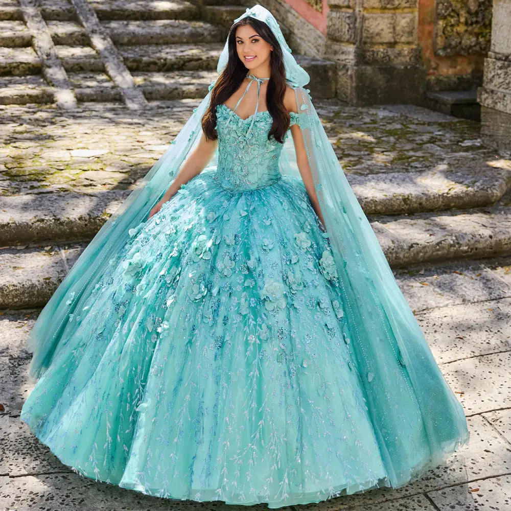 Ethereal light-up quinceanera dress with 3D flowers