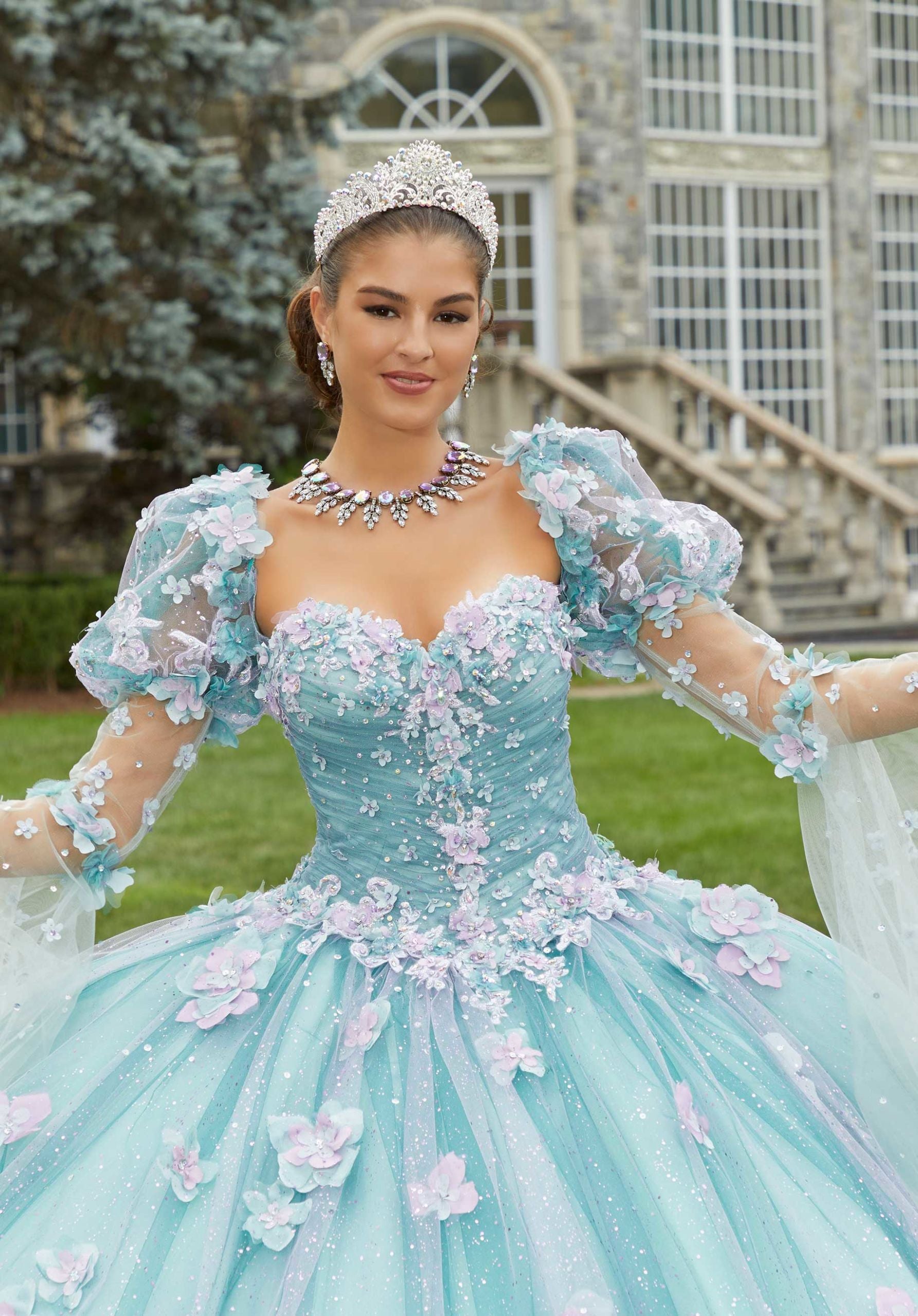 Glitter Tulle Quinceañera Dress with Three-Dimensional Floral Appliqués