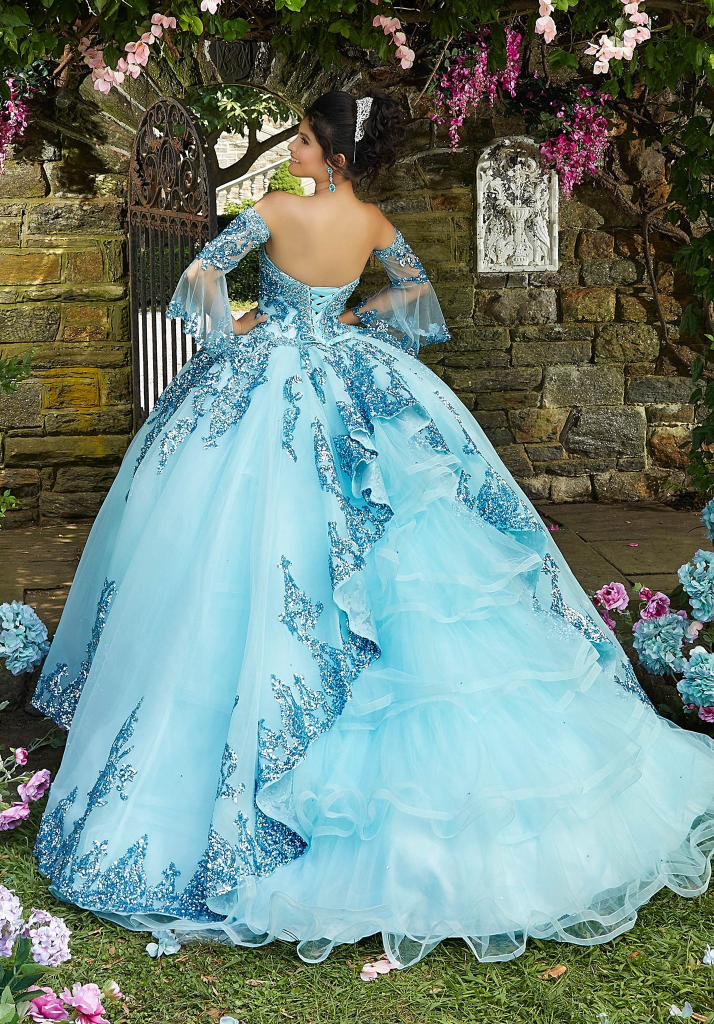 Rhinestone and Crystal Beaded Trim on a Patterned Sequin Tulle Ballgown
