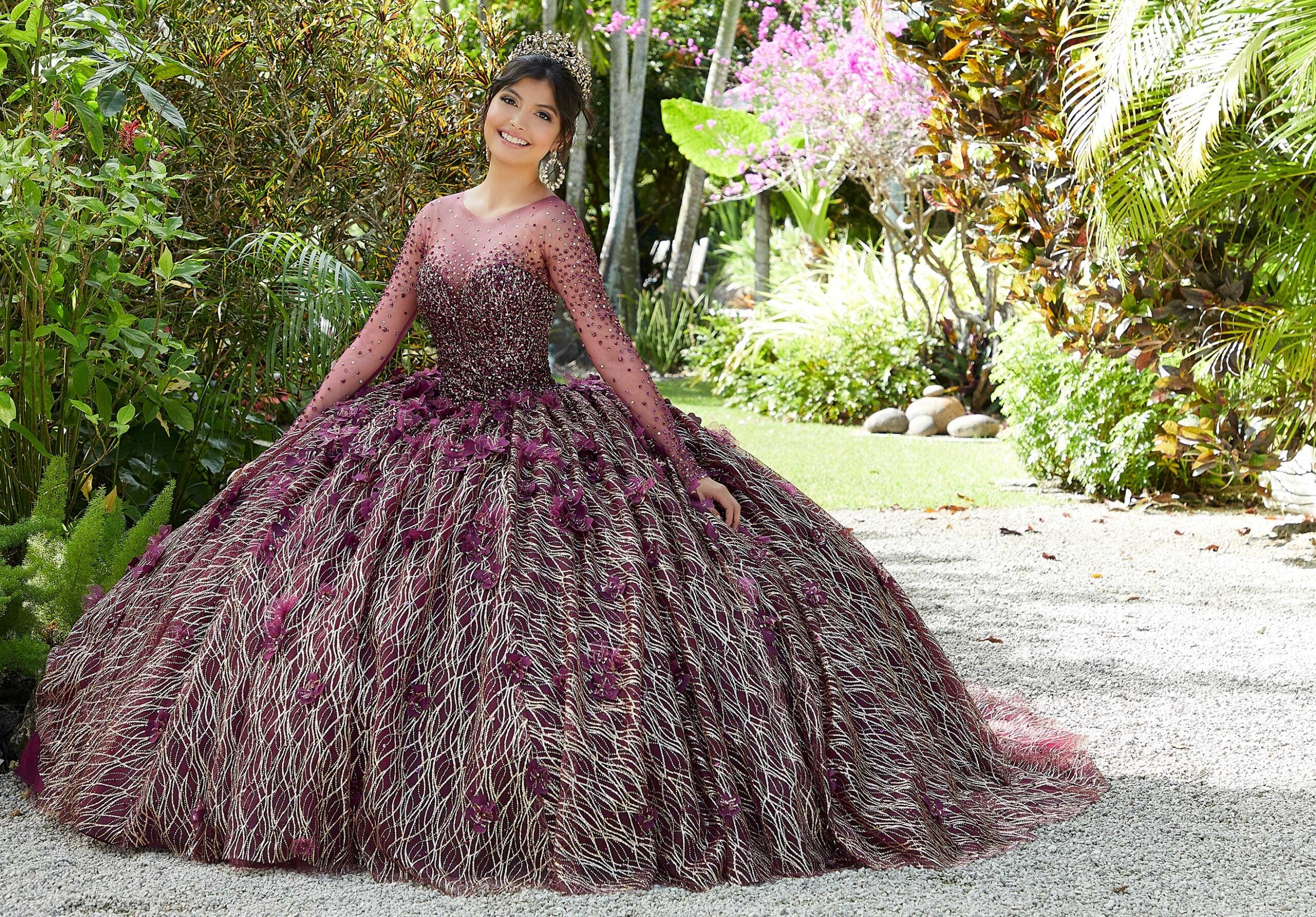 Glitter Net and Floral Applique Quinceañera Dress