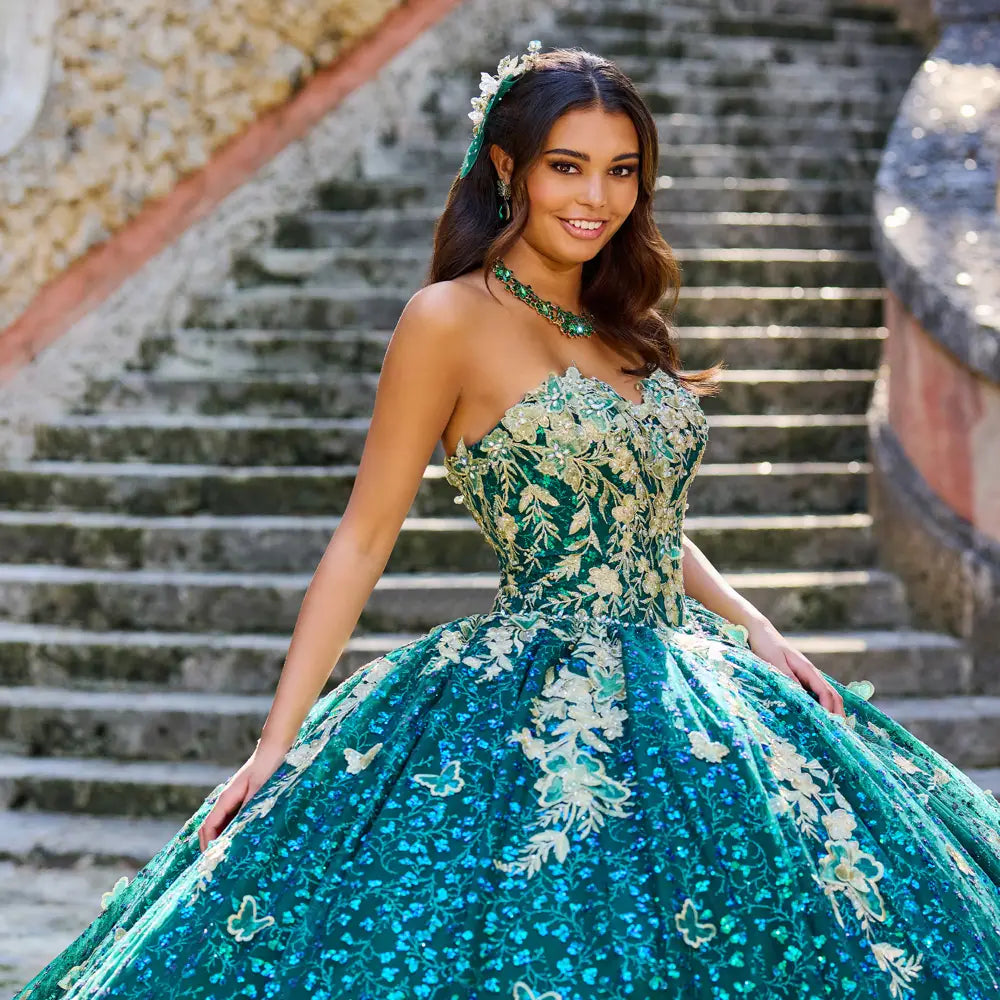 Quinceañera dress with three-dimensional butterfly details