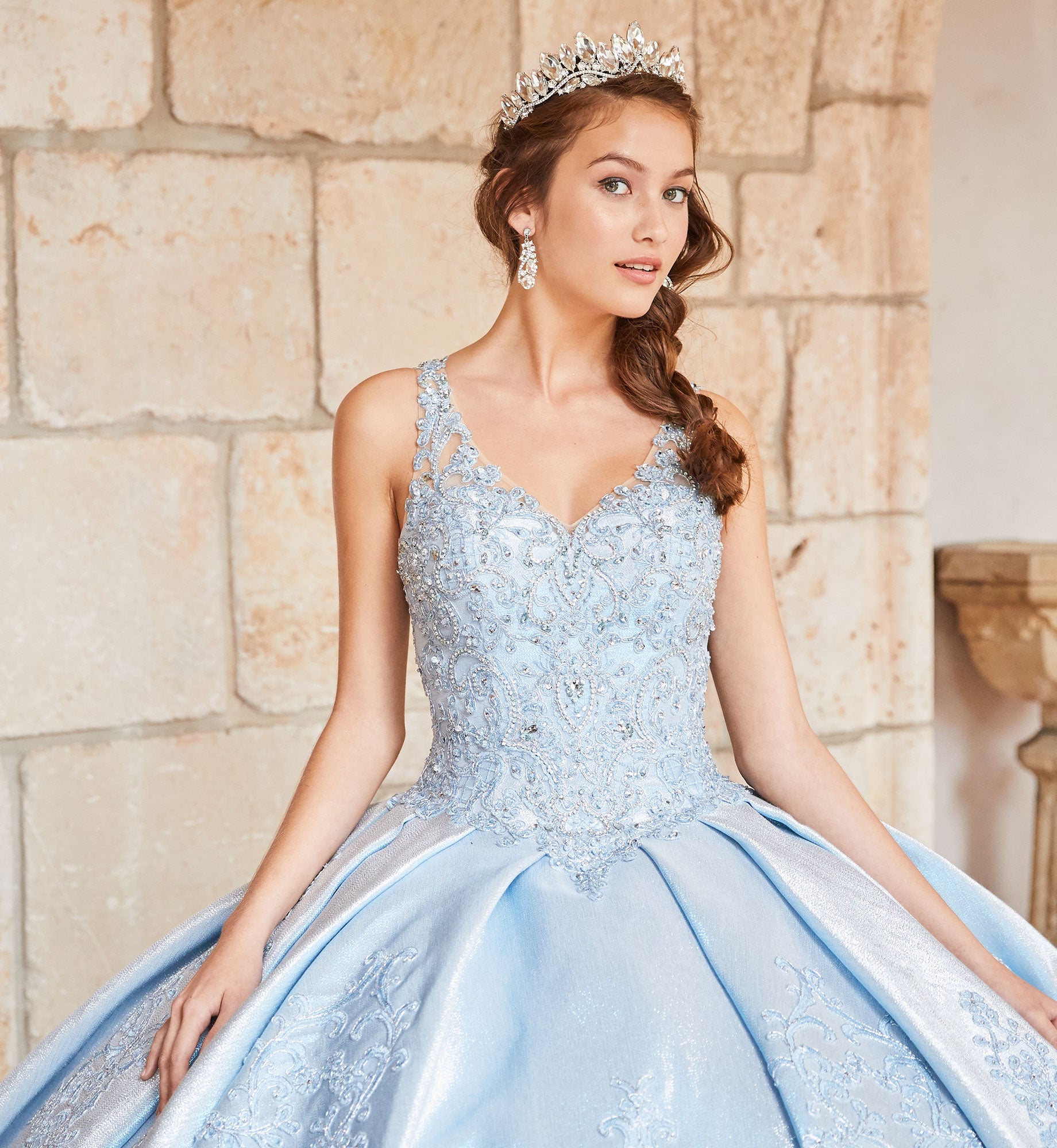 Classic quinceanera dress with shimmery mikado and lace appliques