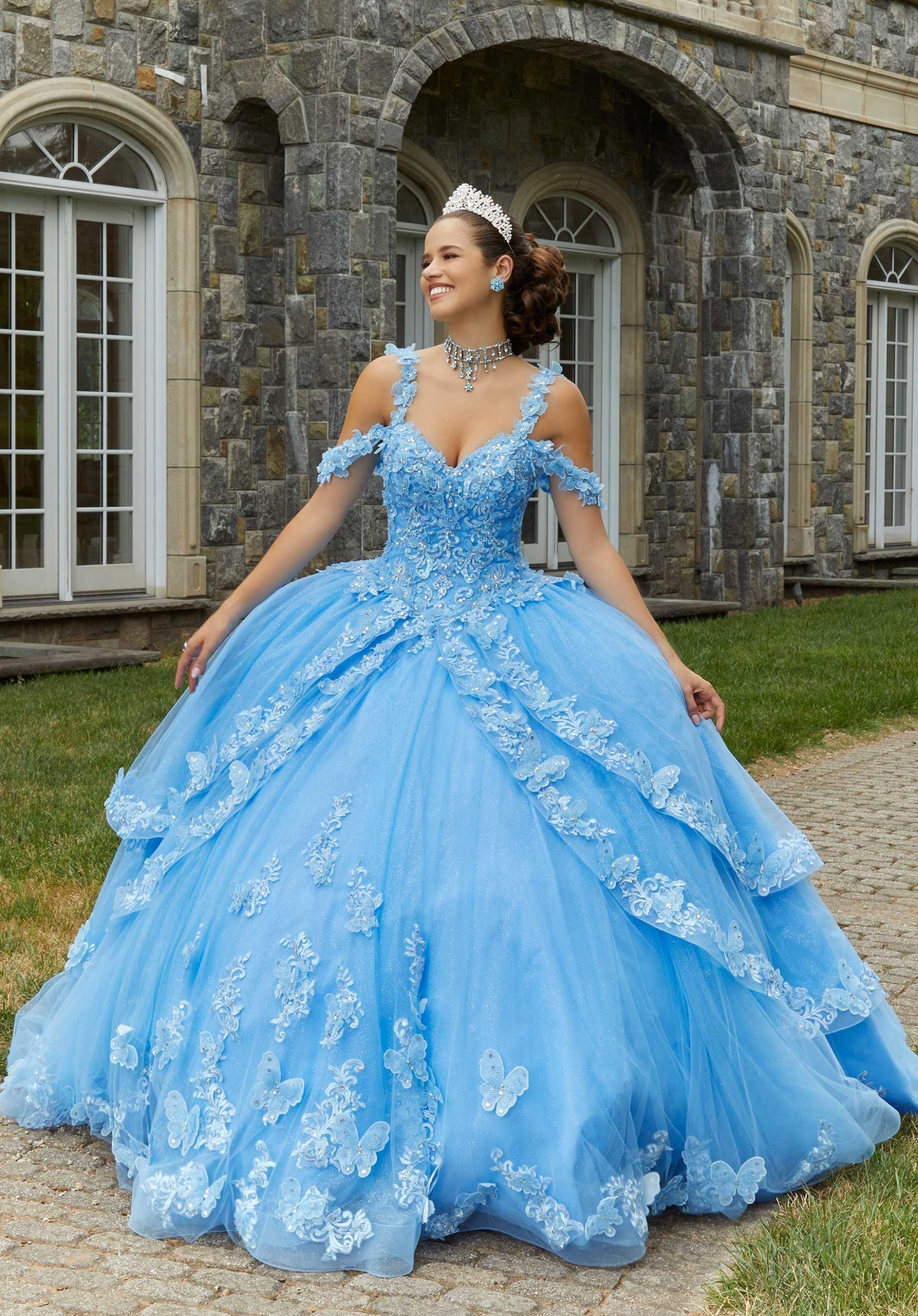 Metallic Embroidered Quinceañera Dress with Three-Dimensional Butterflies