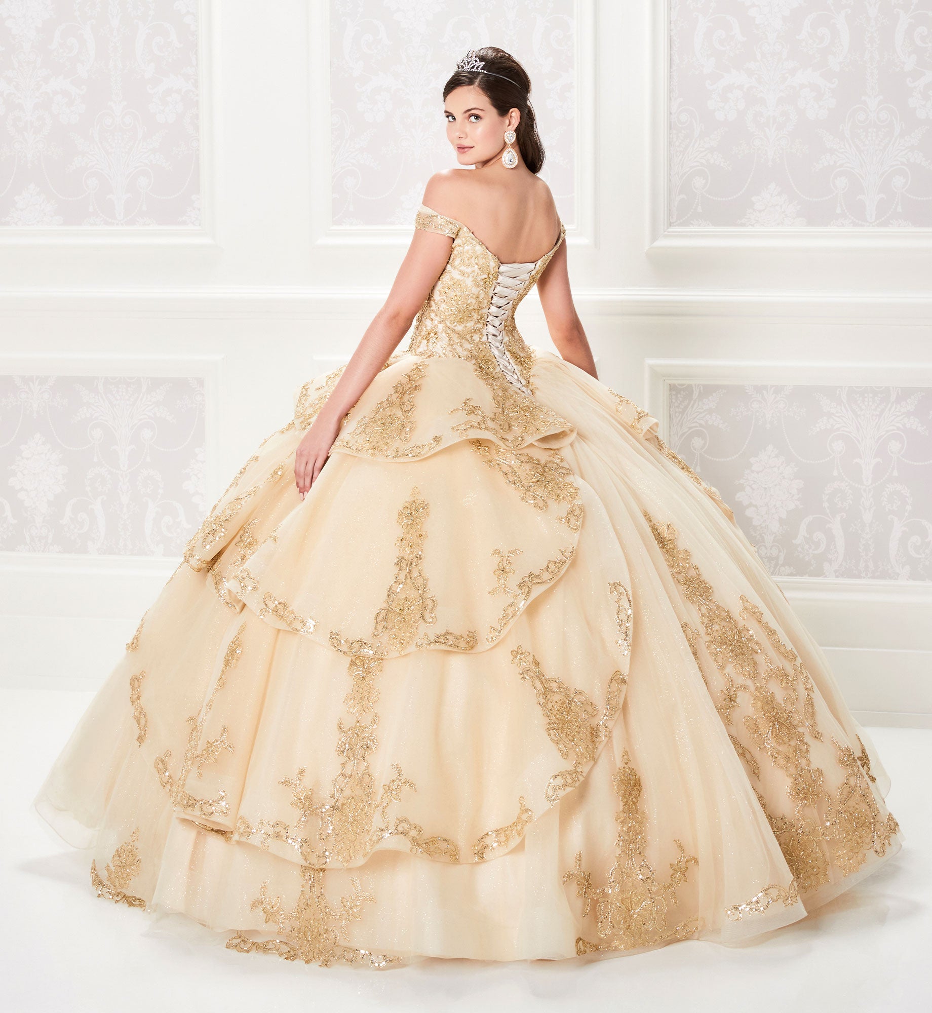 Off the shoulder quinceanera dress with cascading ruffle skirt