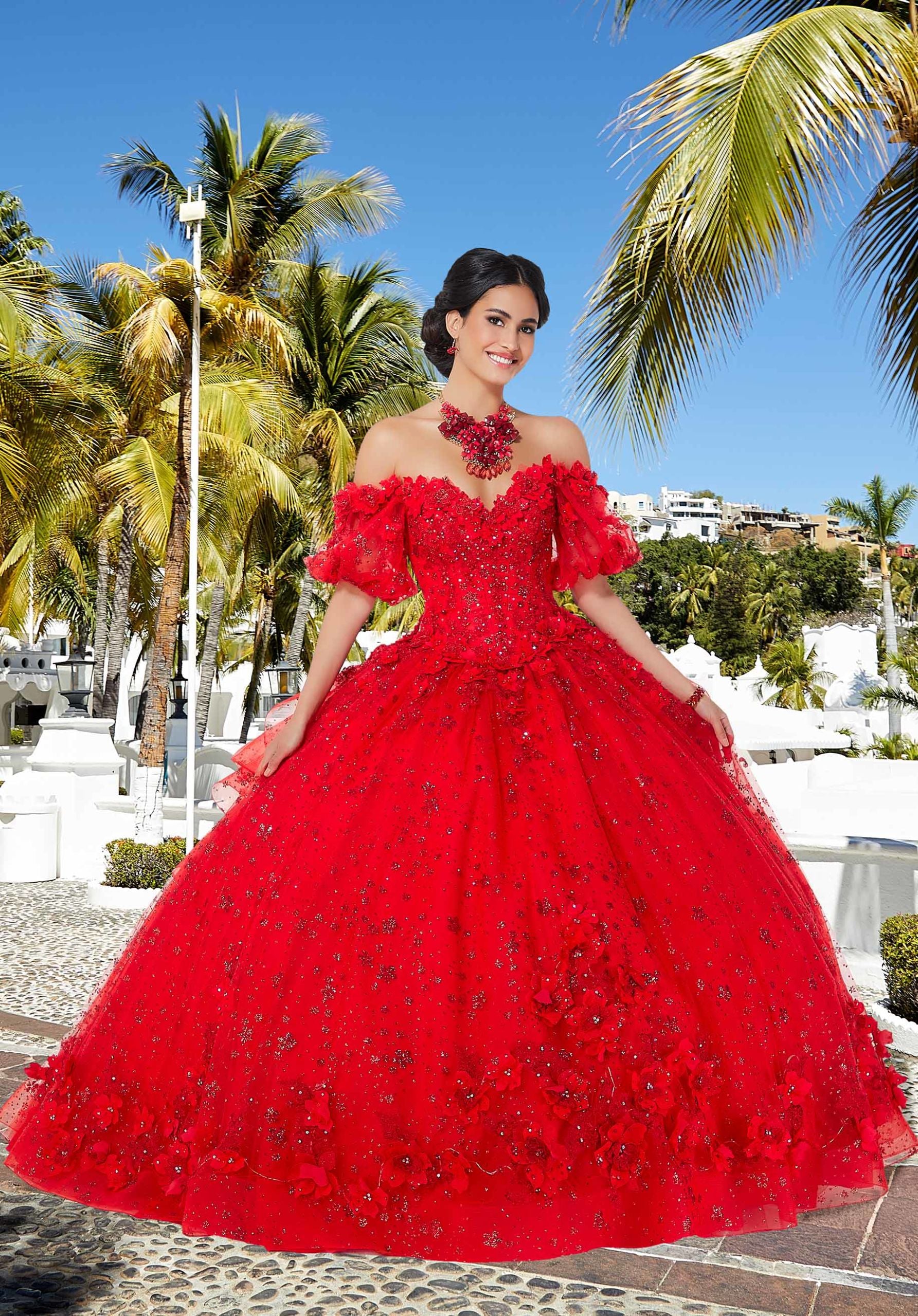 Floral Patterned Glitter Net Quinceañera Dress