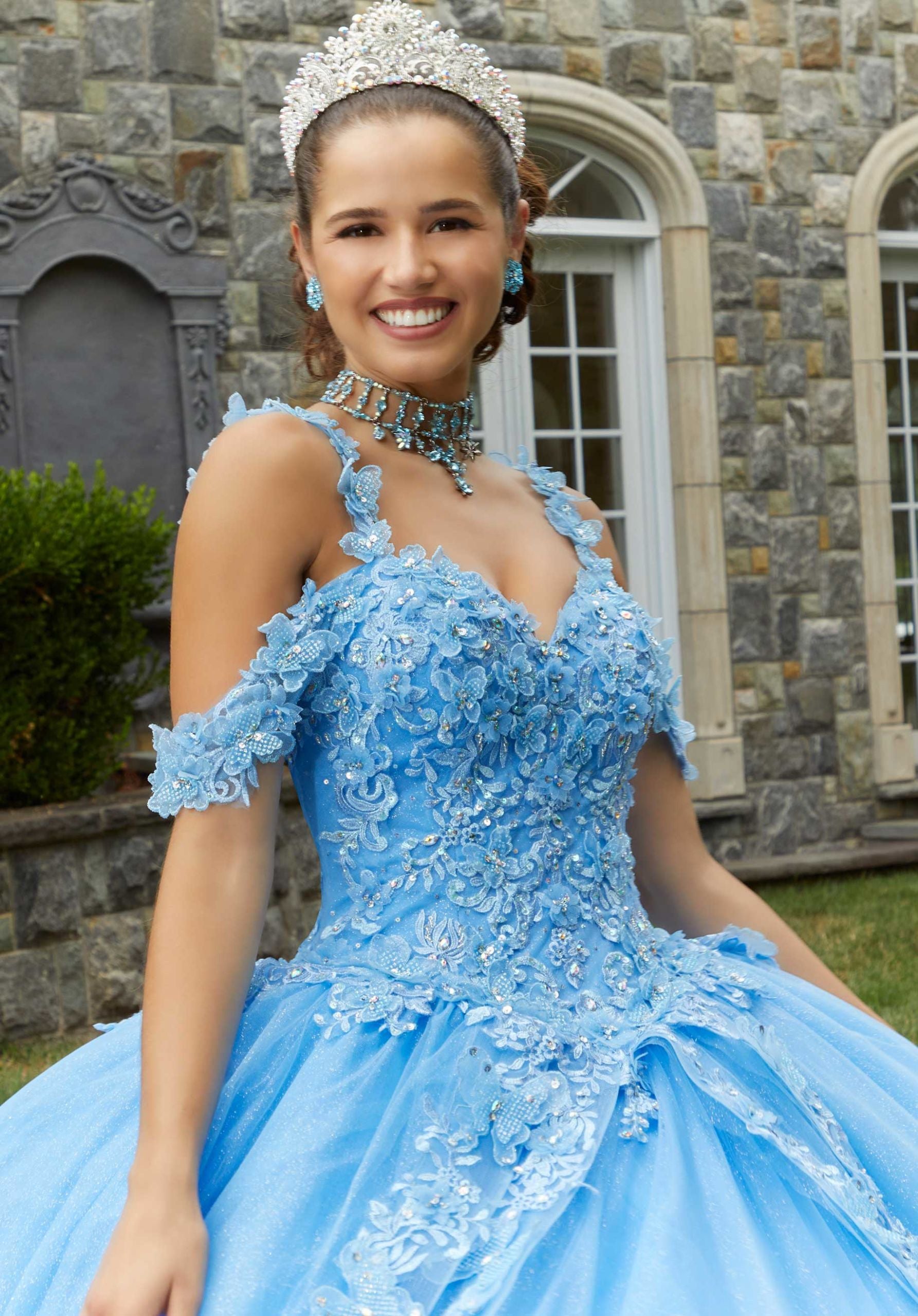 Metallic Embroidered Quinceañera Dress with Three-Dimensional Butterflies