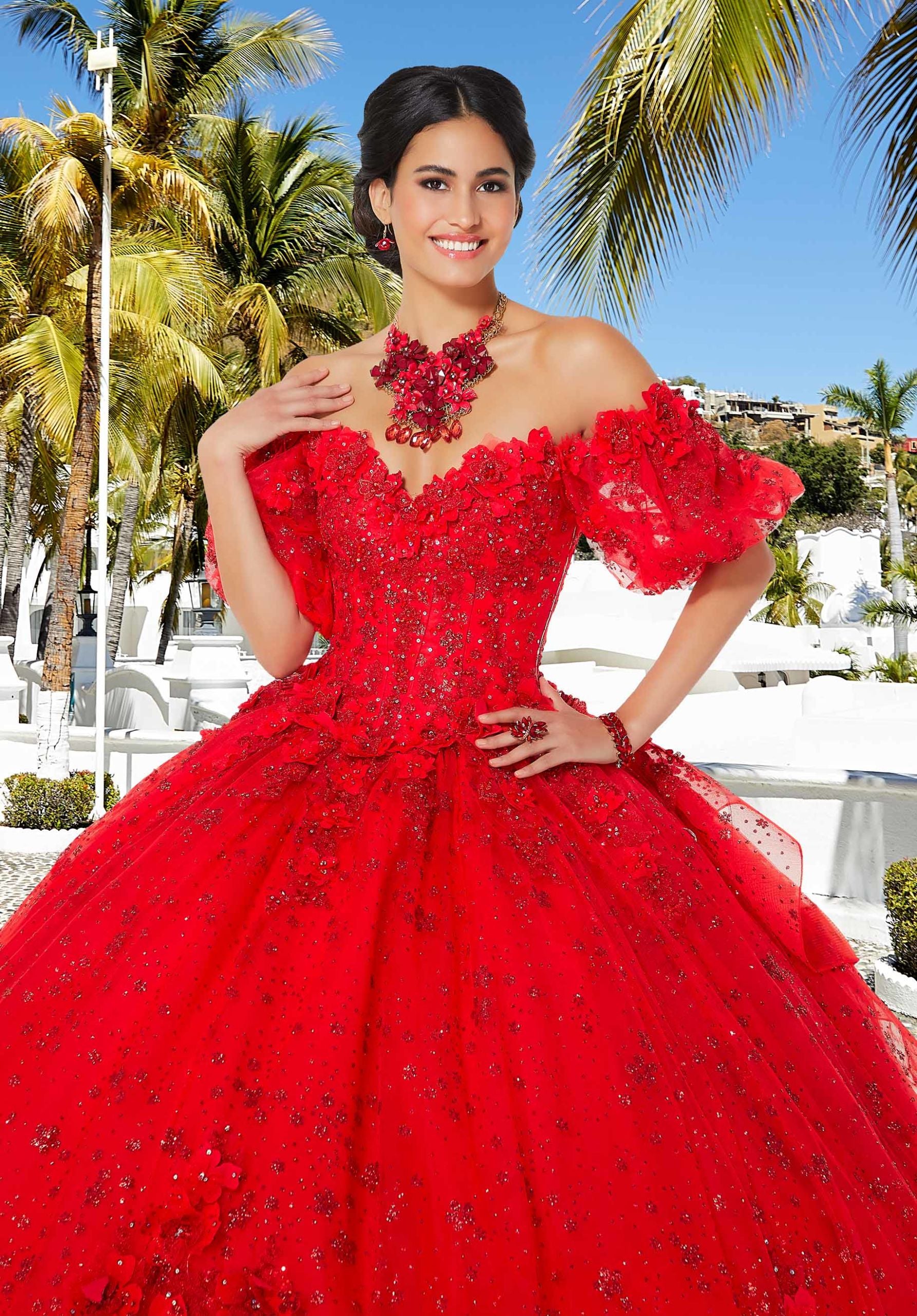 Floral Patterned Glitter Net Quinceañera Dress