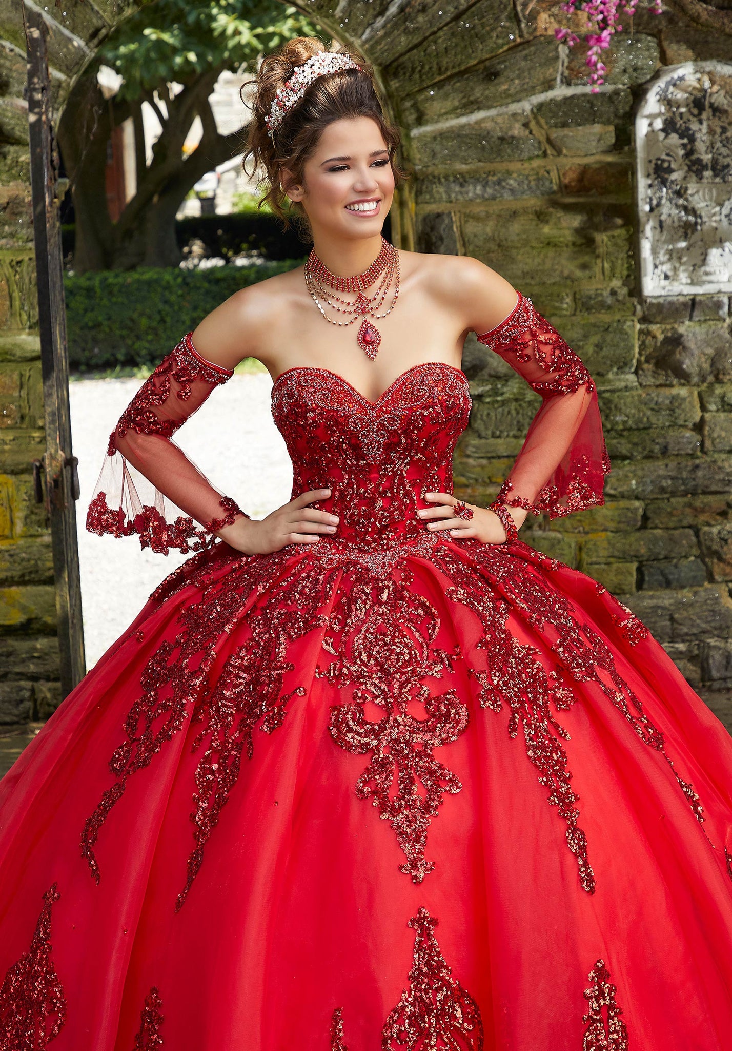 Rhinestone and Crystal Beaded Trim on a Patterned Sequin Tulle Ballgown