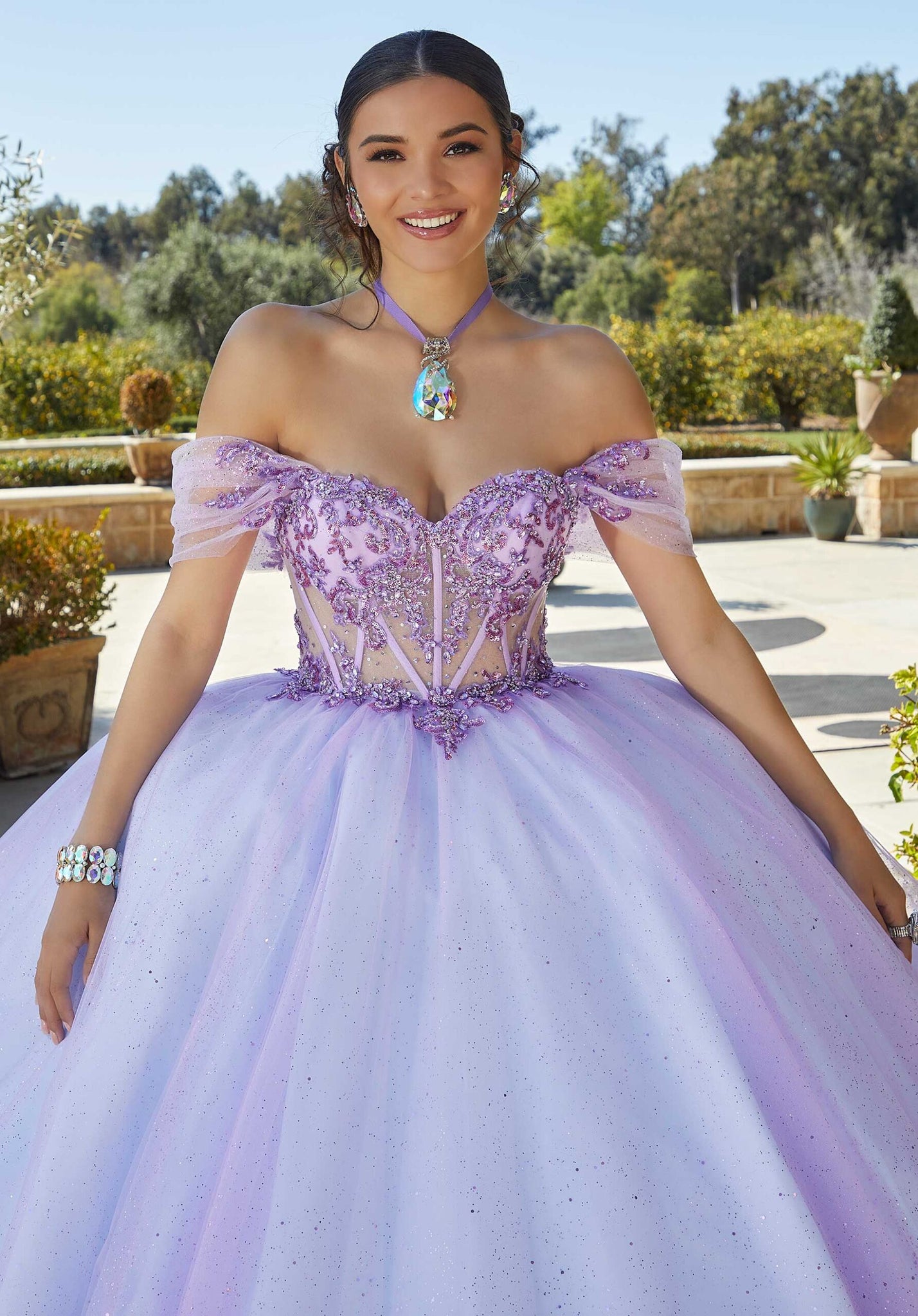 Rhinestone and Crystal Beaded Quinceañera Dress with Sheer Bodice