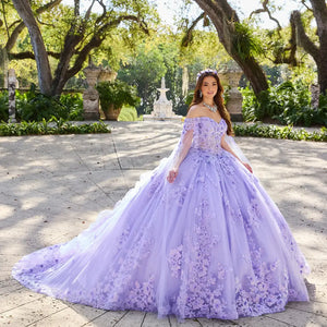 Quinceañera Dress in Beaded Lace and Shimmering Tulle with Floral Print