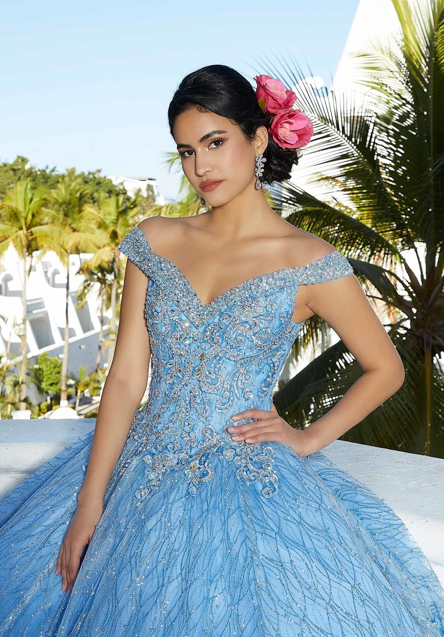Patterned Glitter Quinceañera Dress with Cape