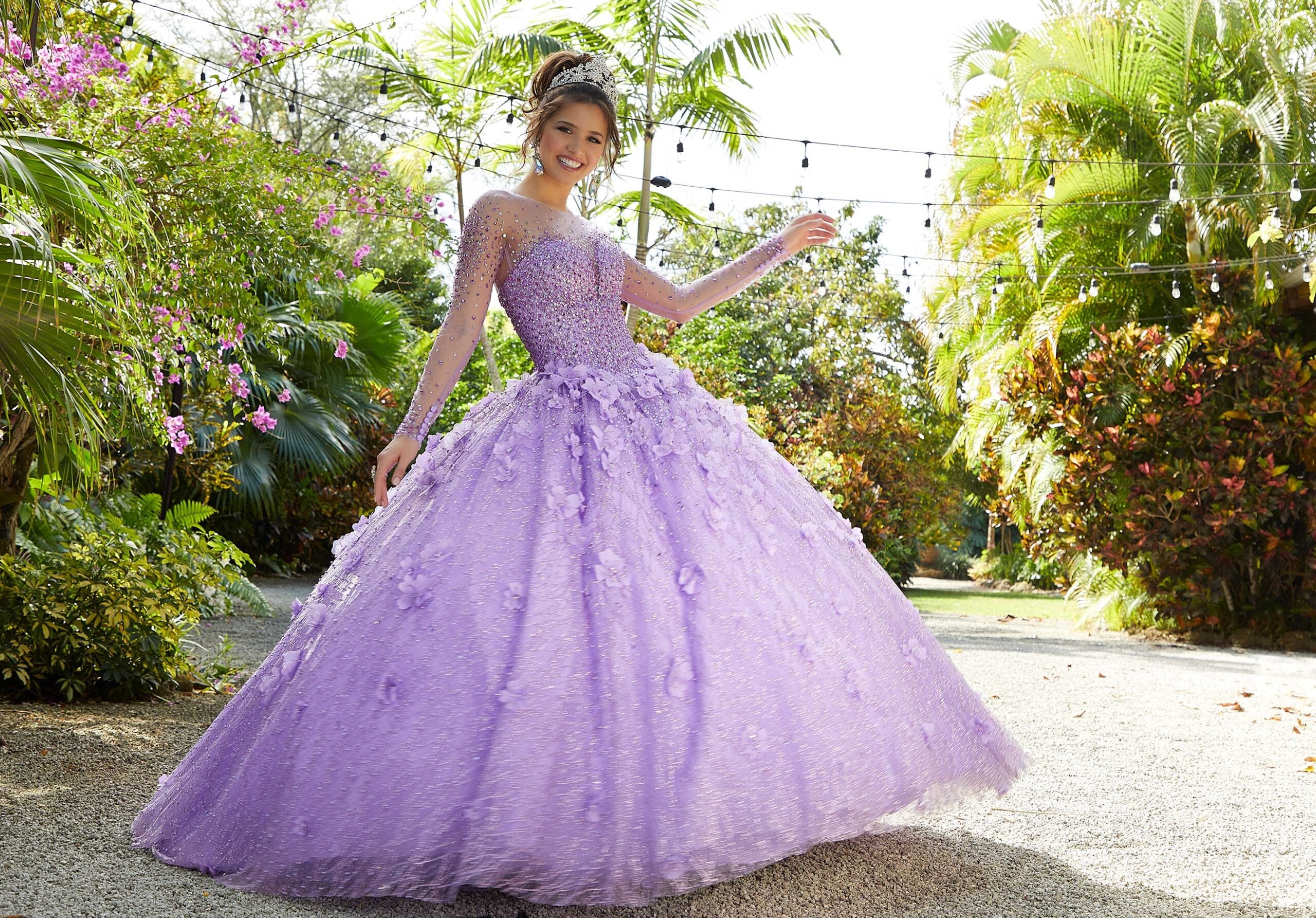 Glitter Net and Floral Applique Quinceañera Dress