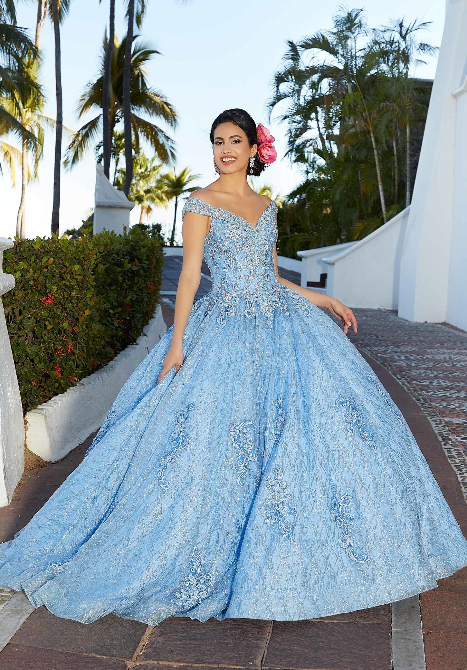 Patterned Glitter Quinceañera Dress with Cape