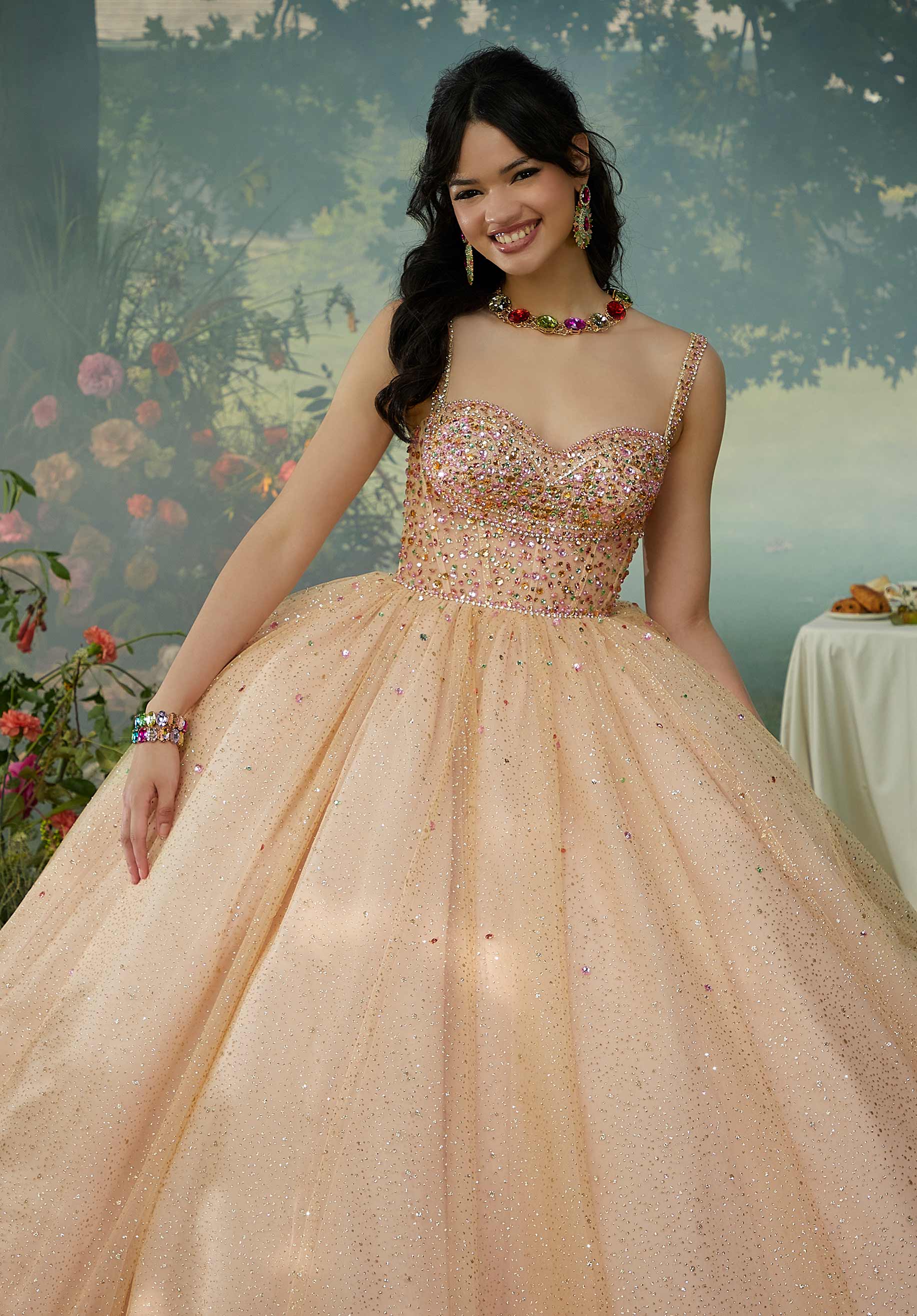 Rhinestone and Patterned Glitter Quinceaera Dress with Skirt Overskir Elegant Bride and Quinceanera Rhinestone and Patterned Glitter Quinceaera Dress with Skirt Overskir Elegant Bride and Quinceanera